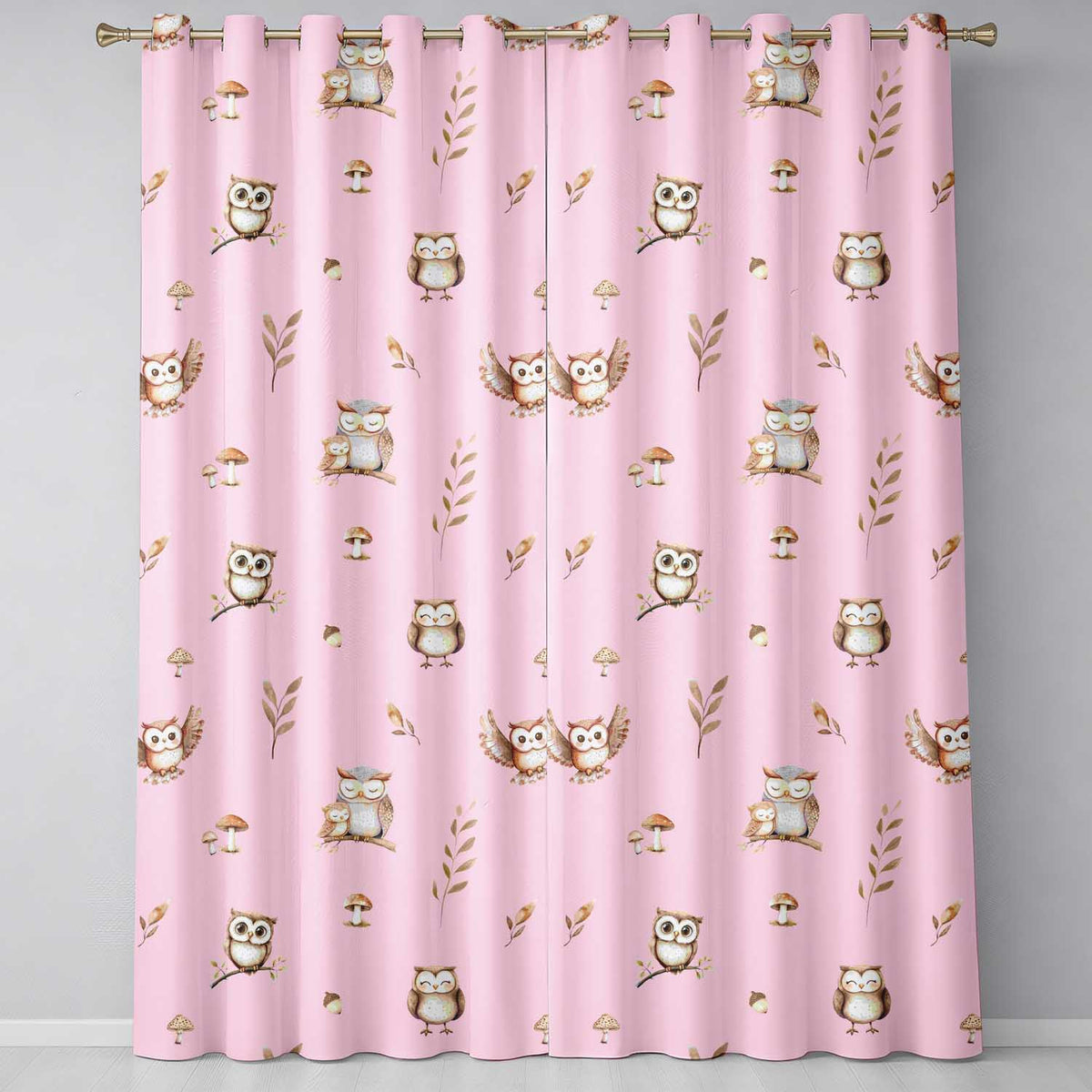 Cute Woodland Owls Mushrooms and Leaves Pink Background Seamless Pattern Readymade Eyelet Ring Top Thermal 100% Blackout Curtains