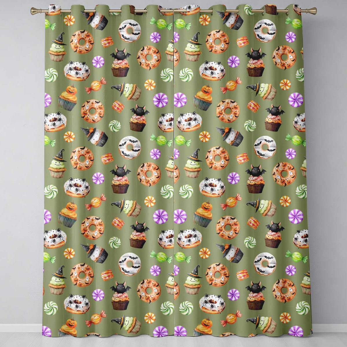 Cute Halloween Donuts Cupcakes Bats Candy and Pumpkins Olive Green Background Readymade Eyelet Ring Top Thermal 100% Blackout Curtains