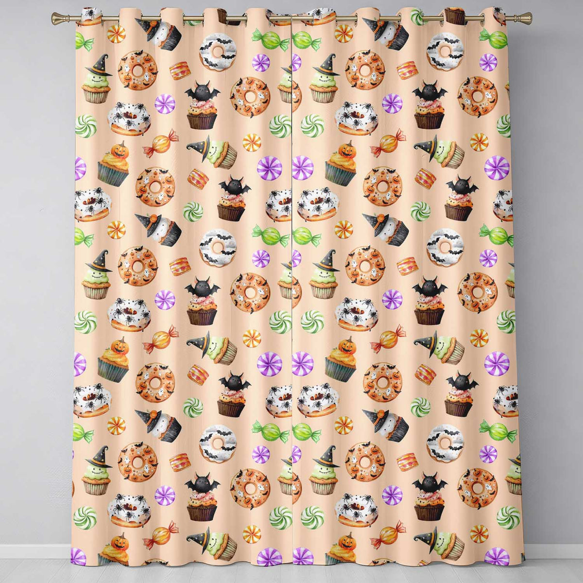 Cute Halloween Donuts Cupcakes Bats Candy and Pumpkins Beige Background Readymade Eyelet Ring Top Thermal 100% Blackout Curtains