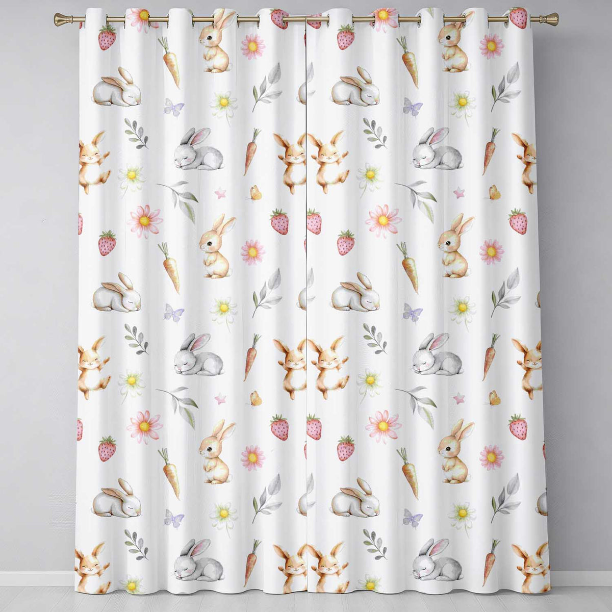 Bunny Rabbits with Flowers Carrots and Butterflies Soft Neutral Background Readymade Eyelet Ring Top Thermal 100% Blackout Curtains