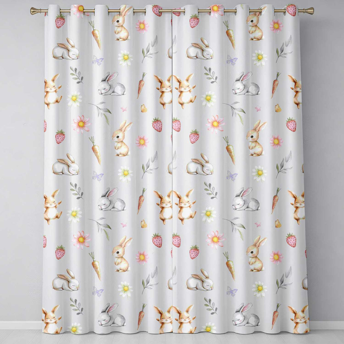 Cute Bunny Rabbits with Flowers Carrots and Butterflies Cream Background Readymade Eyelet Ring Top Thermal 100% Blackout Curtains