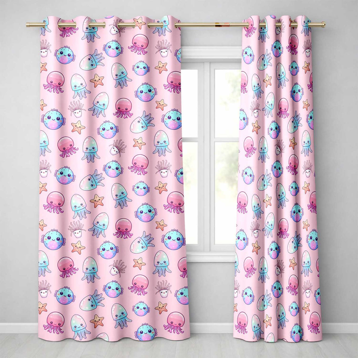 Jellyfish Starfish and Cute Sea Creatures Soft Blush Pink Background Readymade Eyelet Ring Top Thermal 100% Blackout Curtains