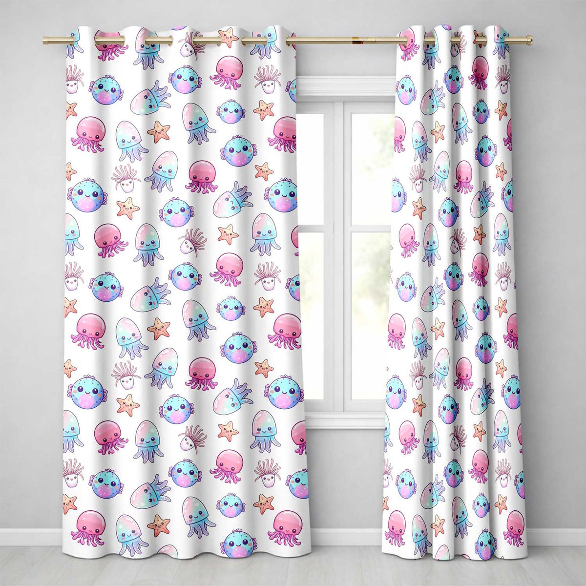 Kawaii Jellyfish Starfish and Sea Creatures Light Grey Background Readymade Eyelet Ring Top Thermal 100% Blackout Curtains