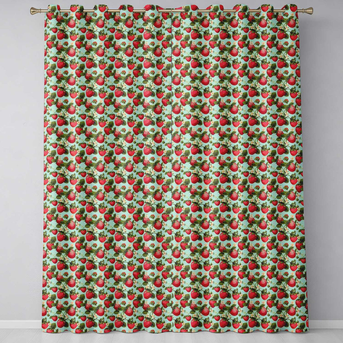 Vintage Style Strawberries and Blossoms on Soft Mint Green Background Readymade Eyelet Ring Top Thermal 100% Blackout Curtains