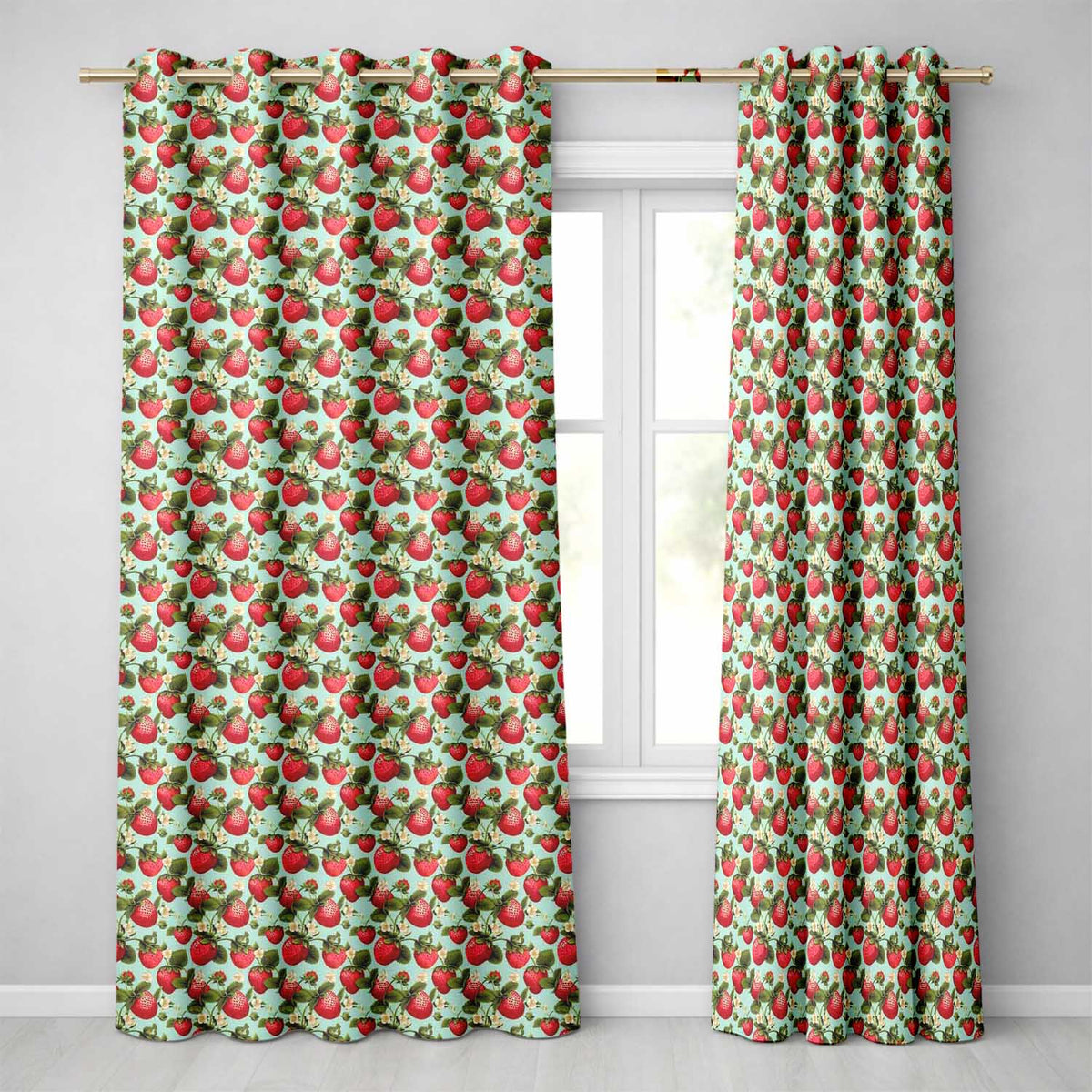 Vintage Style Strawberries and Blossoms on Soft Mint Green Background Readymade Eyelet Ring Top Thermal 100% Blackout Curtains