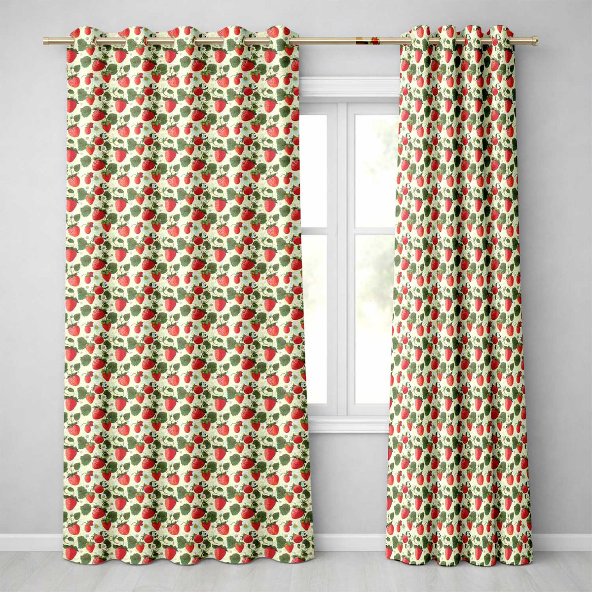 Vintage Strawberries and Floral Garden on Cream Beige Background Readymade Eyelet Ring Top Thermal 100% Blackout Curtains