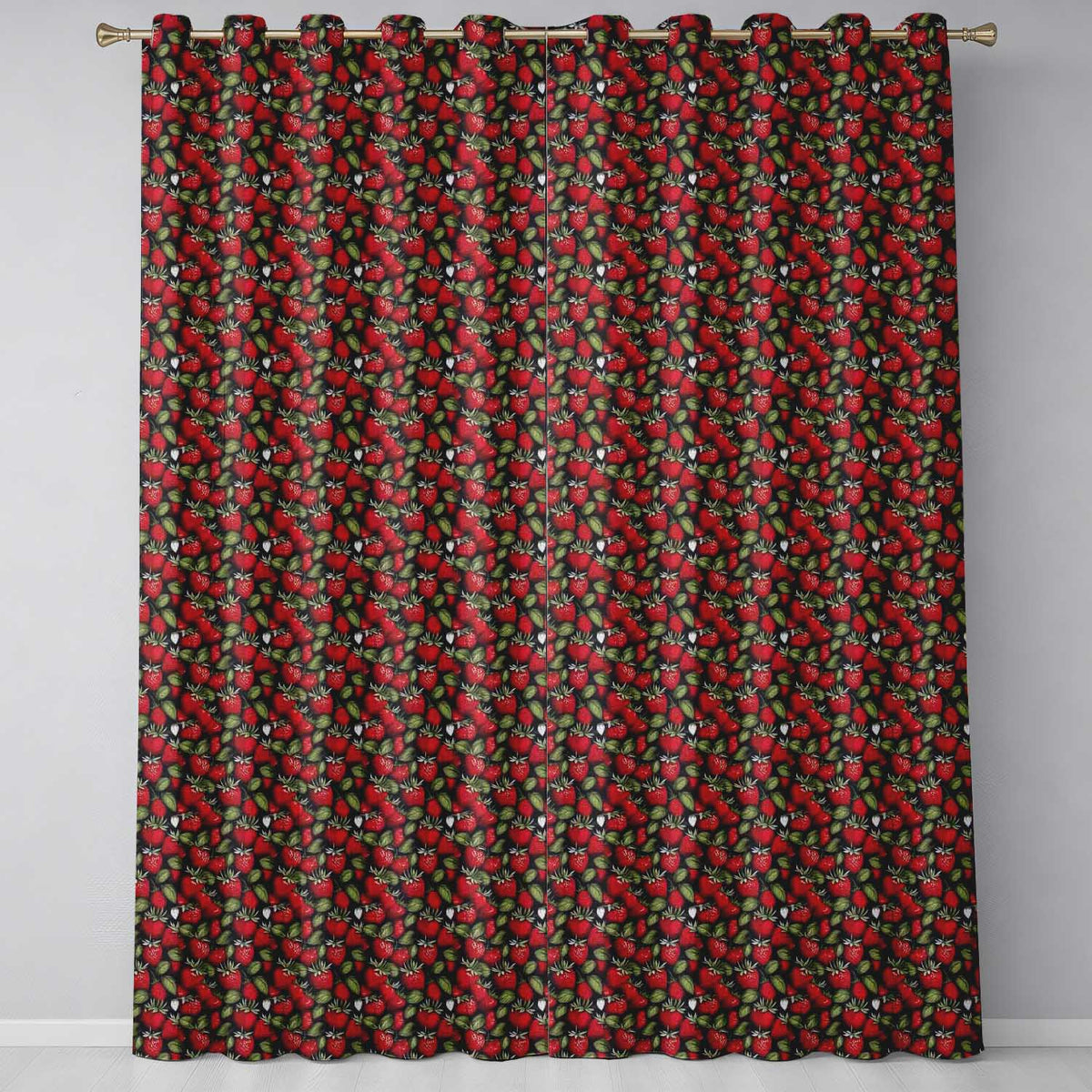 Dense Vintage Strawberries and Foliage on Black Background Seamless Pattern Readymade Eyelet Ring Top Thermal 100% Blackout Curtains