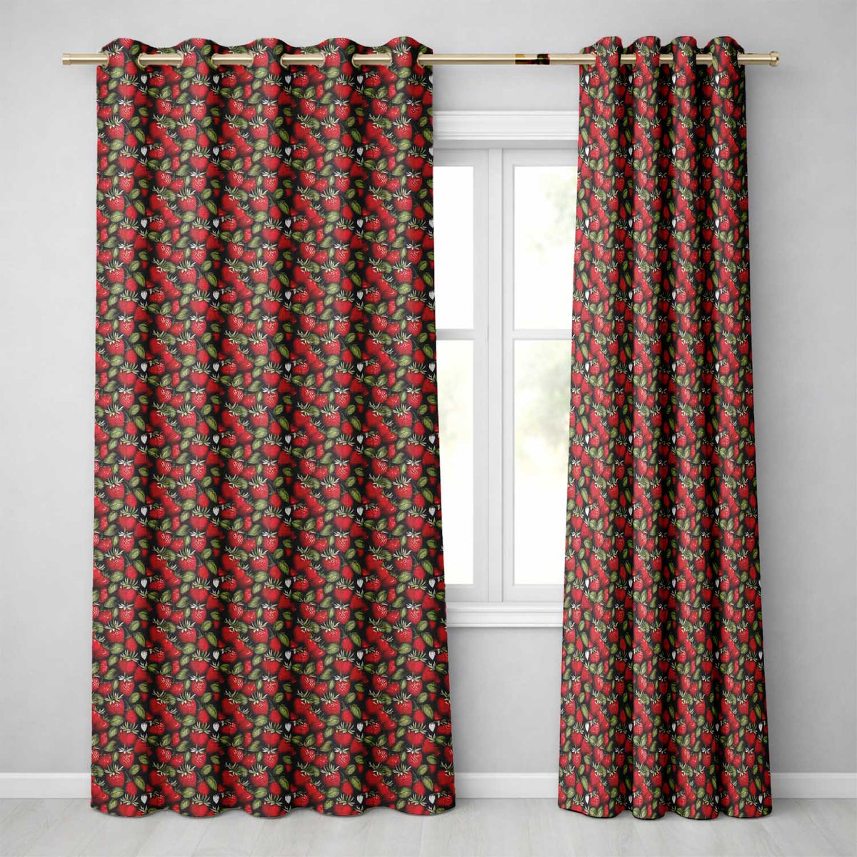 Dense Vintage Strawberries and Foliage on Black Background Seamless Pattern Readymade Eyelet Ring Top Thermal 100% Blackout Curtains