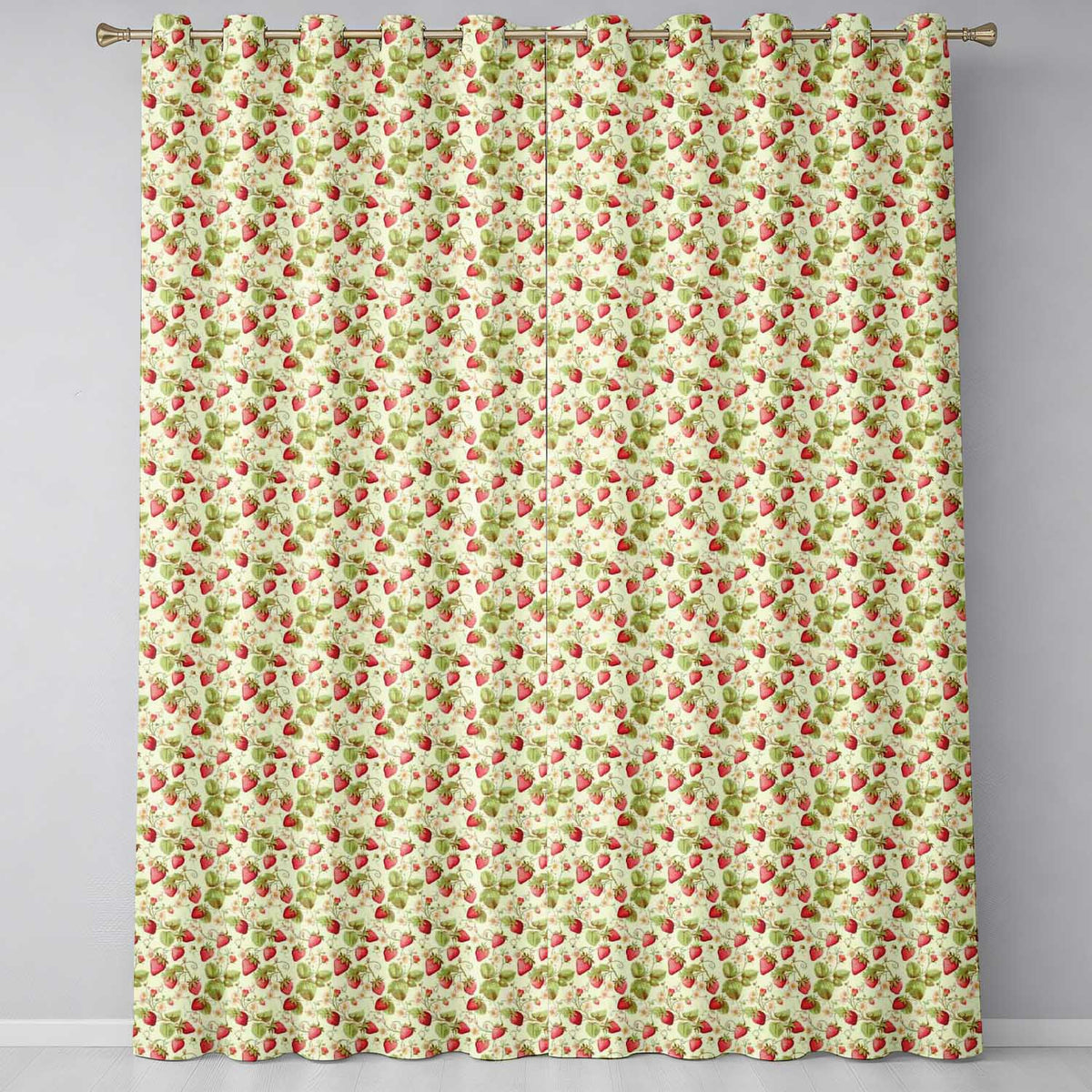 Vintage Strawberries Flowers and Leaves on Cream Background Seamless Pattern Readymade Eyelet Ring Top Thermal 100% Blackout Curtains
