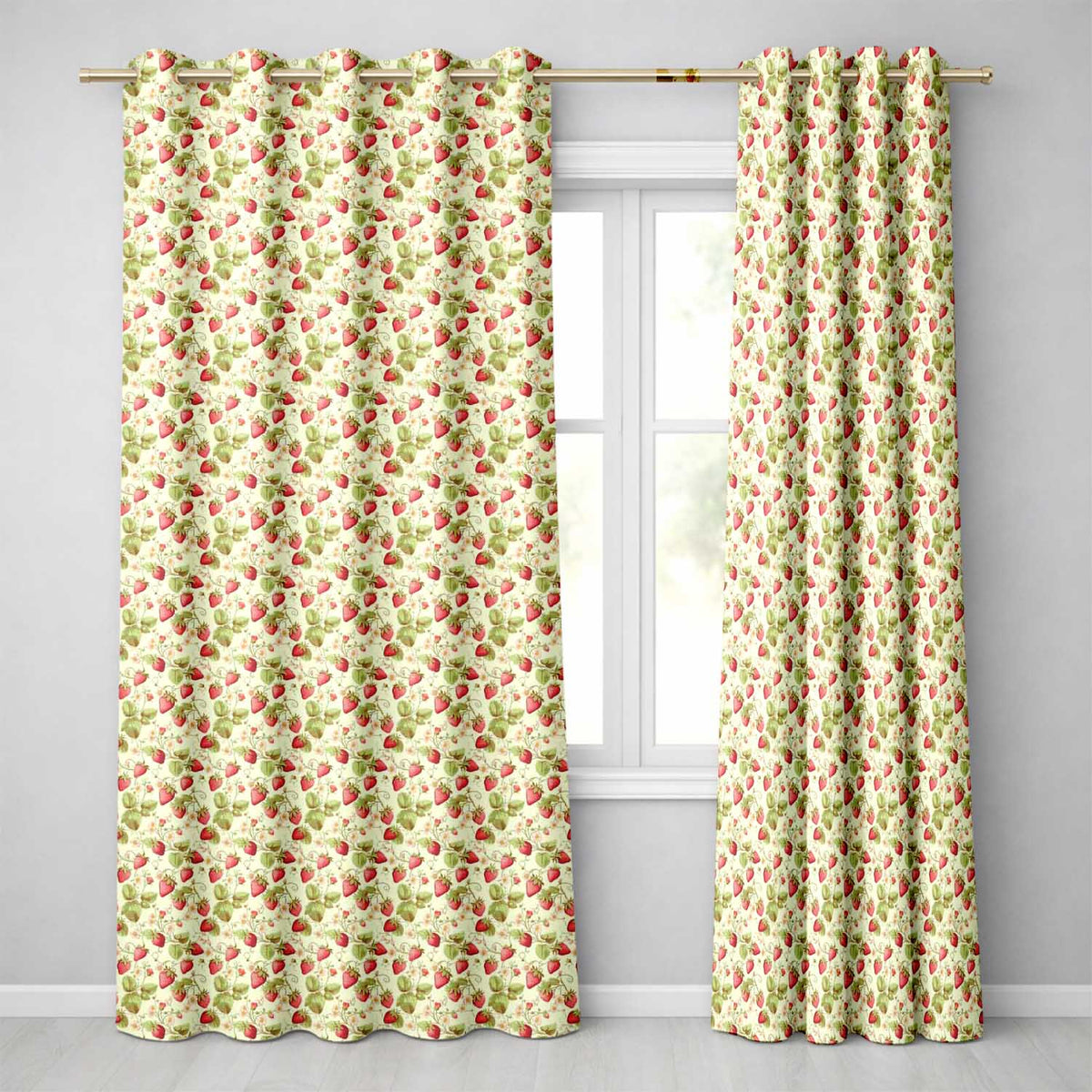 Vintage Strawberries Flowers and Leaves on Cream Background Seamless Pattern Readymade Eyelet Ring Top Thermal 100% Blackout Curtains