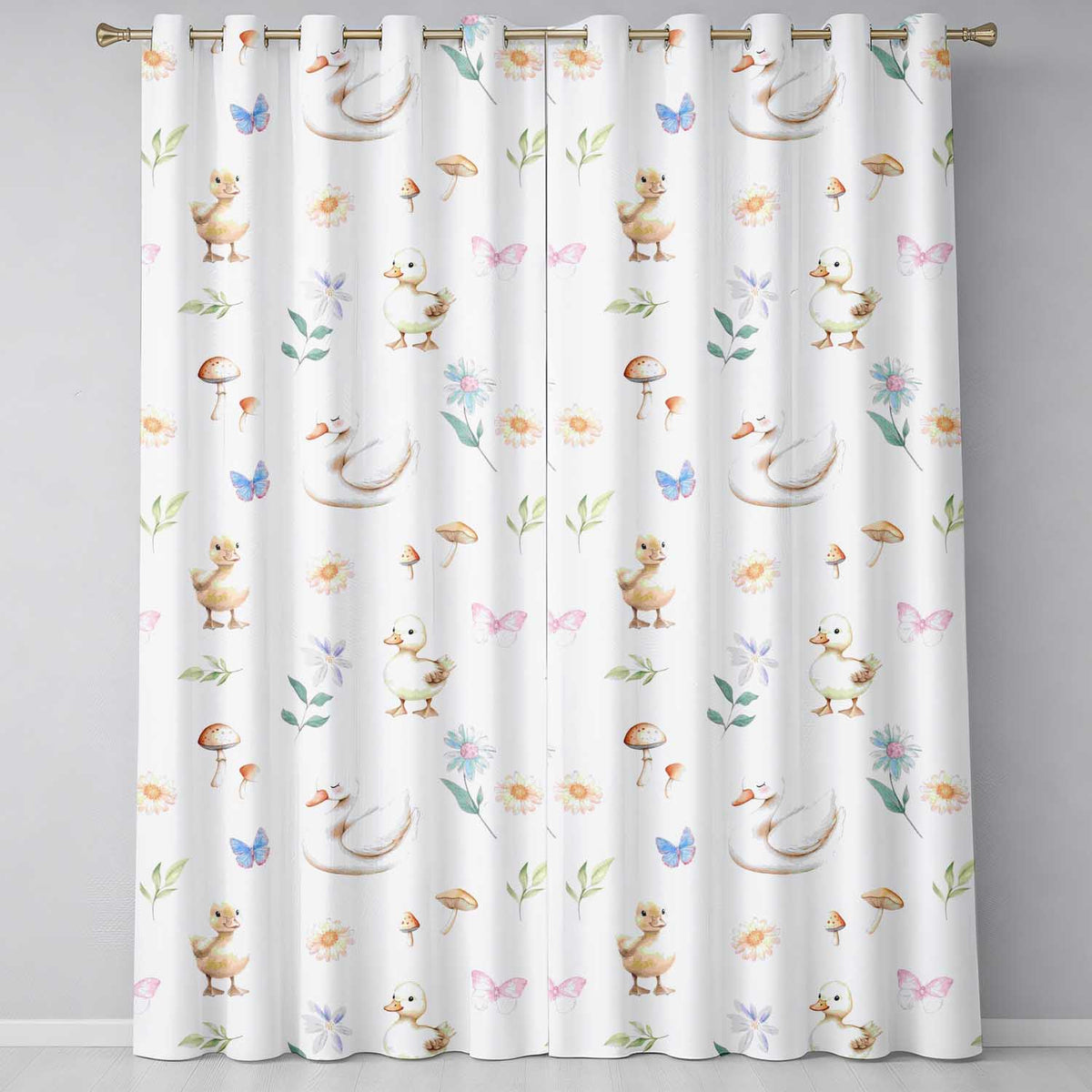 Cute Ducklings Swan Mushrooms and Flowers on White Background Readymade Eyelet Ring Top Thermal 100% Blackout Curtains