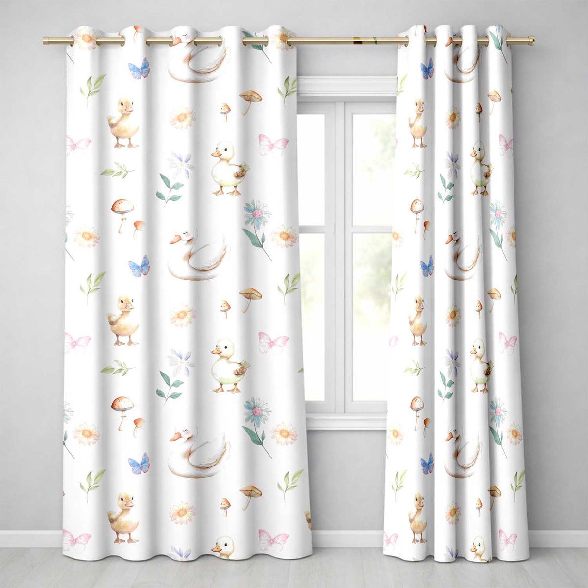 Cute Ducklings Swan Mushrooms and Flowers on White Background Readymade Eyelet Ring Top Thermal 100% Blackout Curtains