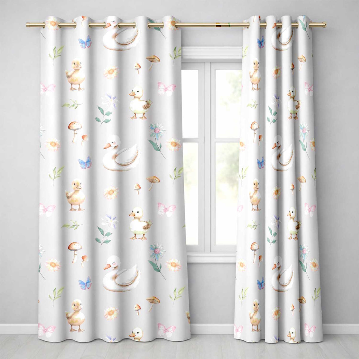 Cute Swan Ducklings Mushrooms and Flowers on Grey Background Readymade Eyelet Ring Top Thermal 100% Blackout Curtains