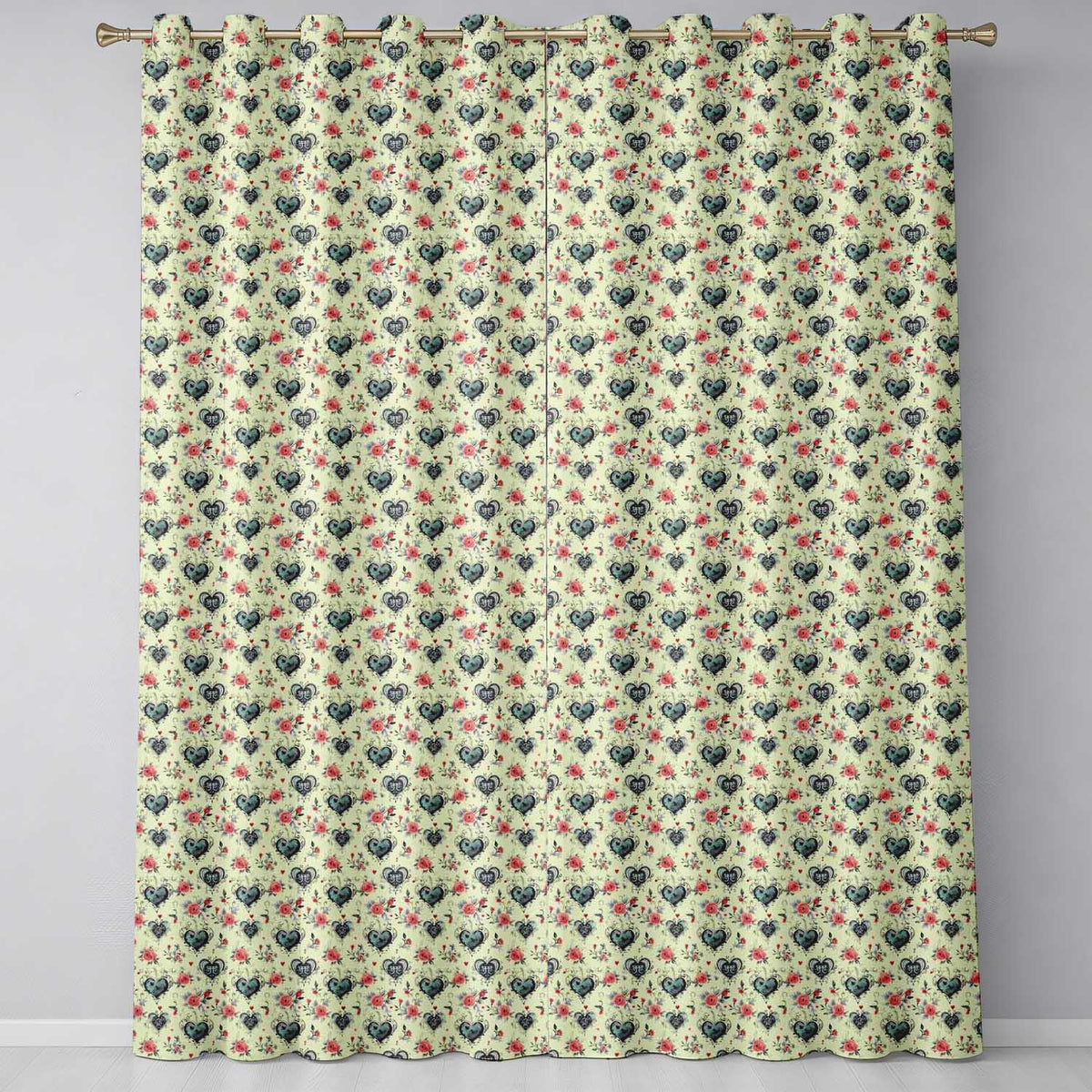 Vintage Hearts and Roses Floral Romantic on Beige Background Readymade Eyelet Ring Top Thermal 100% Blackout Curtains