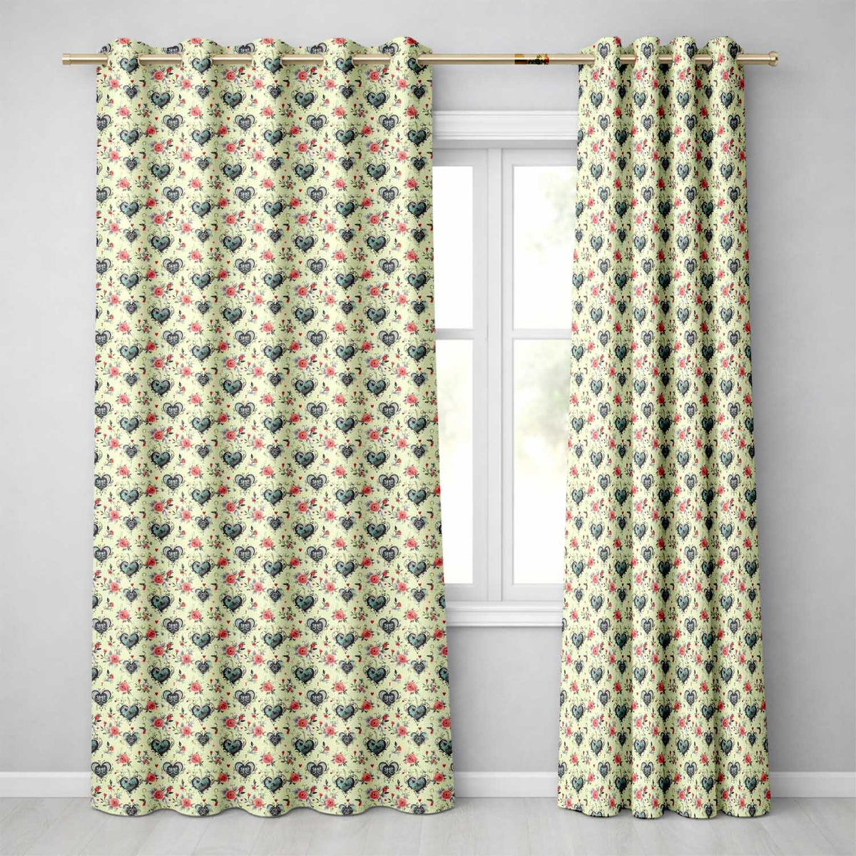Vintage Hearts and Roses Floral Romantic on Beige Background Readymade Eyelet Ring Top Thermal 100% Blackout Curtains