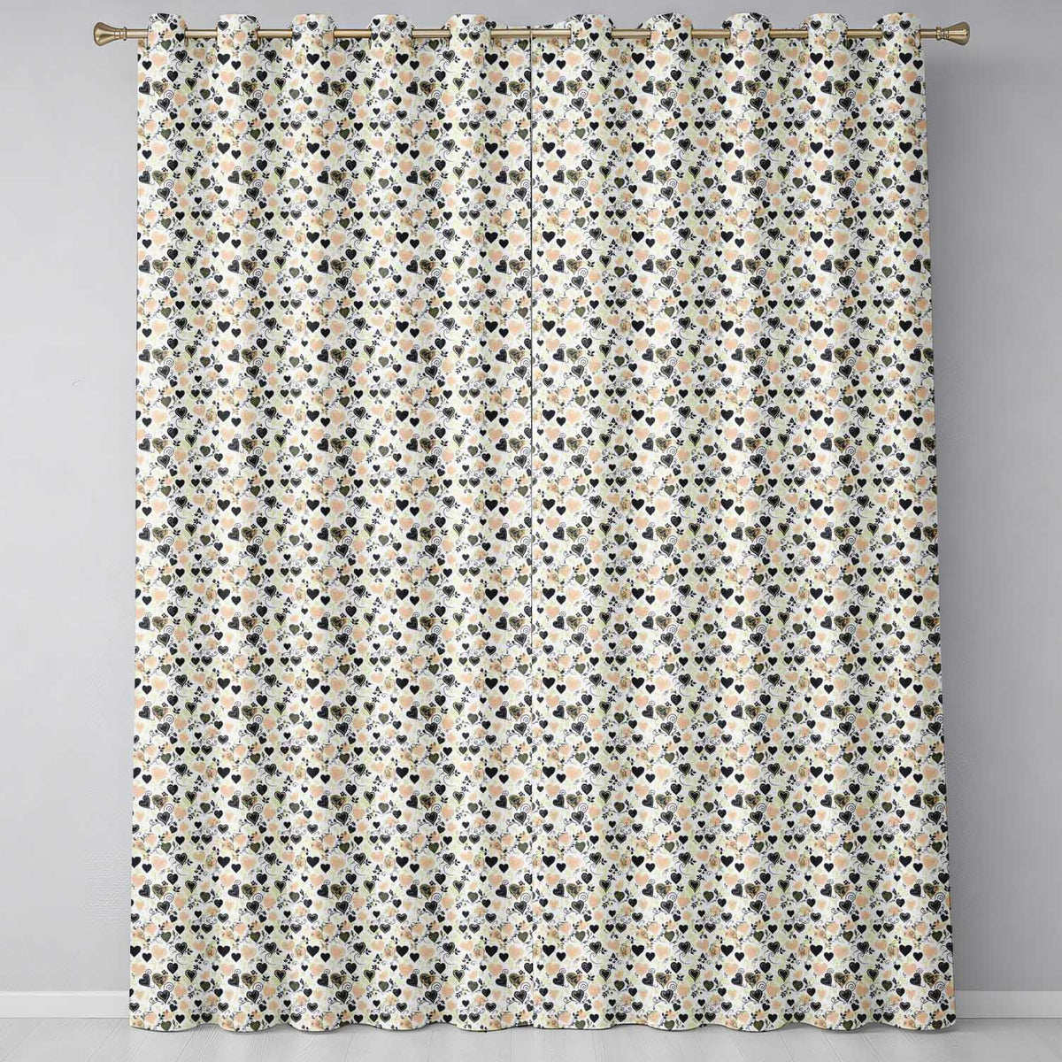 Vintage Beige and Brown Floral Heart Swirl Seamless Pattern Readymade Eyelet Ring Top Thermal 100% Blackout Curtains