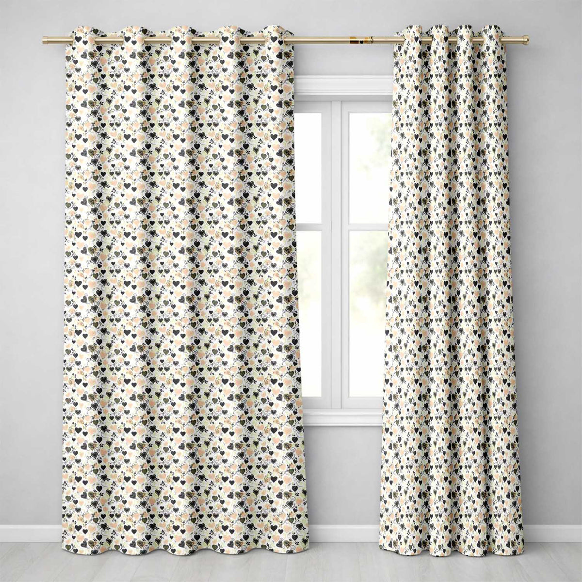 Vintage Beige and Brown Floral Heart Swirl Seamless Pattern Readymade Eyelet Ring Top Thermal 100% Blackout Curtains