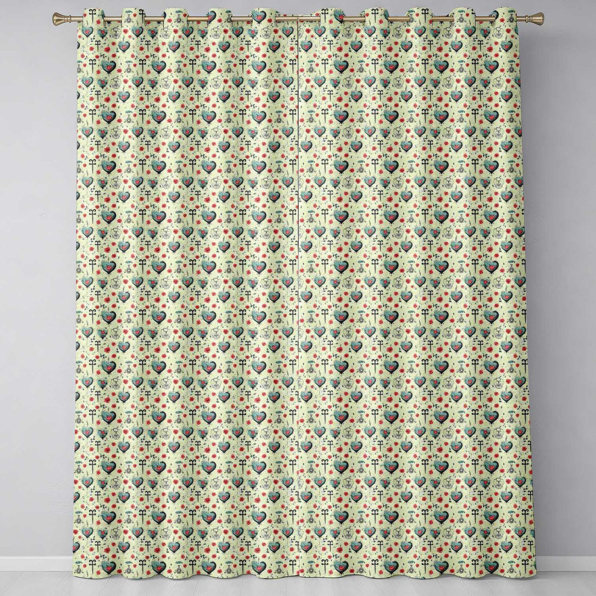 Blue Heart Rose and Key Motif Seamless Pattern Readymade Eyelet Ring Top Thermal 100% Blackout Curtains