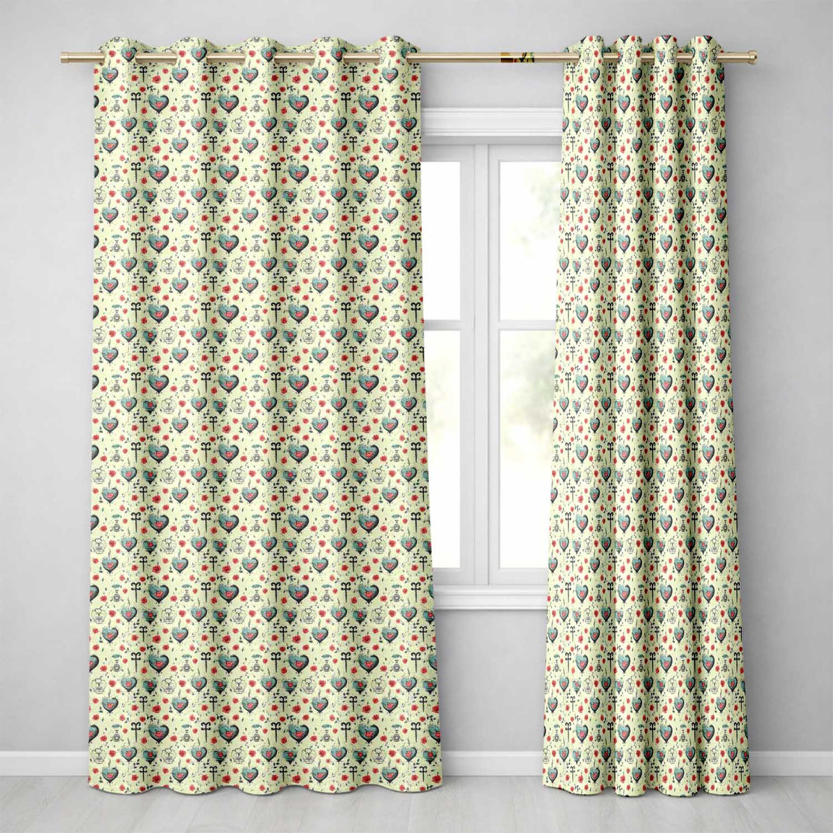 Blue Heart Rose and Key Motif Seamless Pattern Readymade Eyelet Ring Top Thermal 100% Blackout Curtains