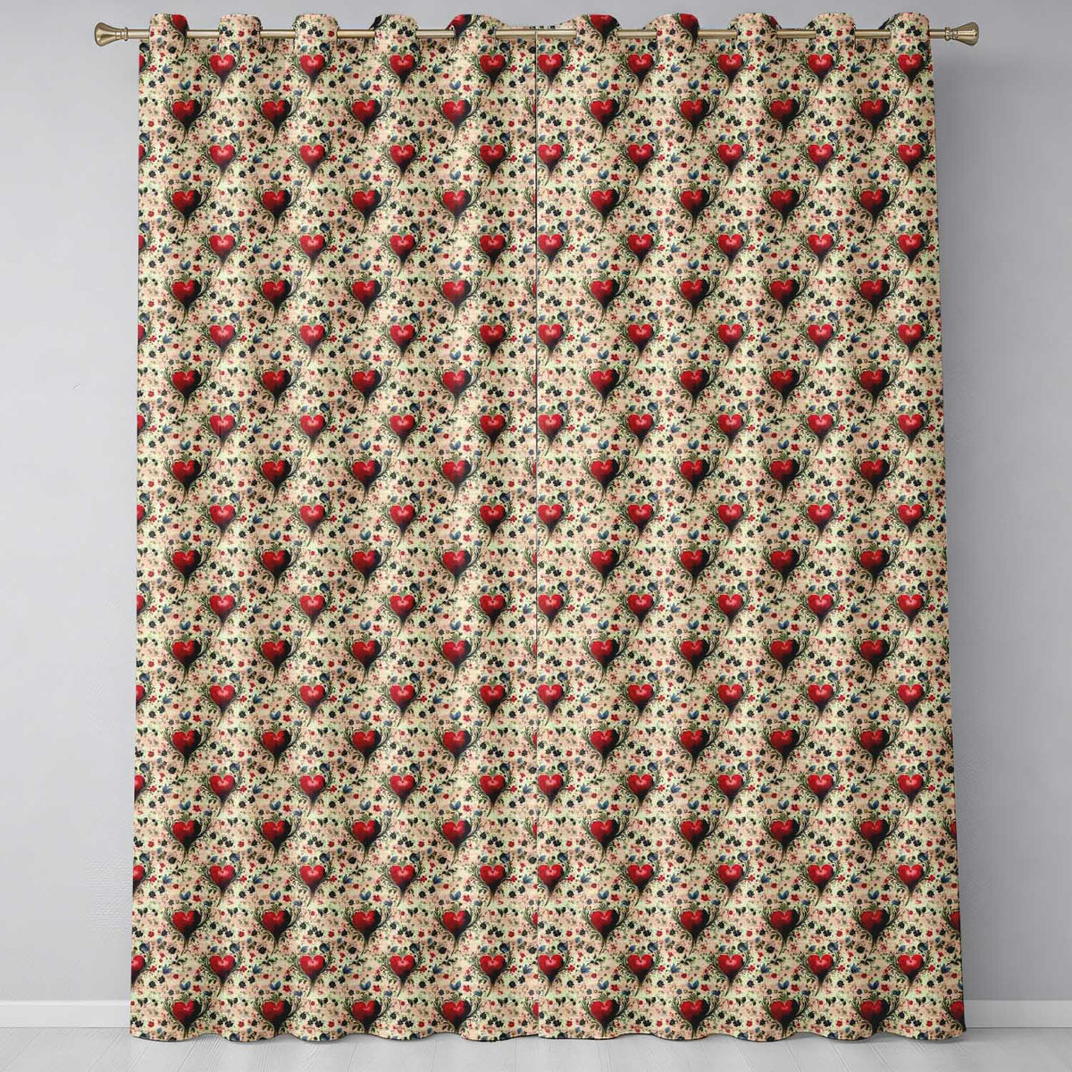 Vintage Red Heart Floral Swirl Ornamental Seamless Pattern Readymade Eyelet Ring Top Thermal 100% Blackout Curtains