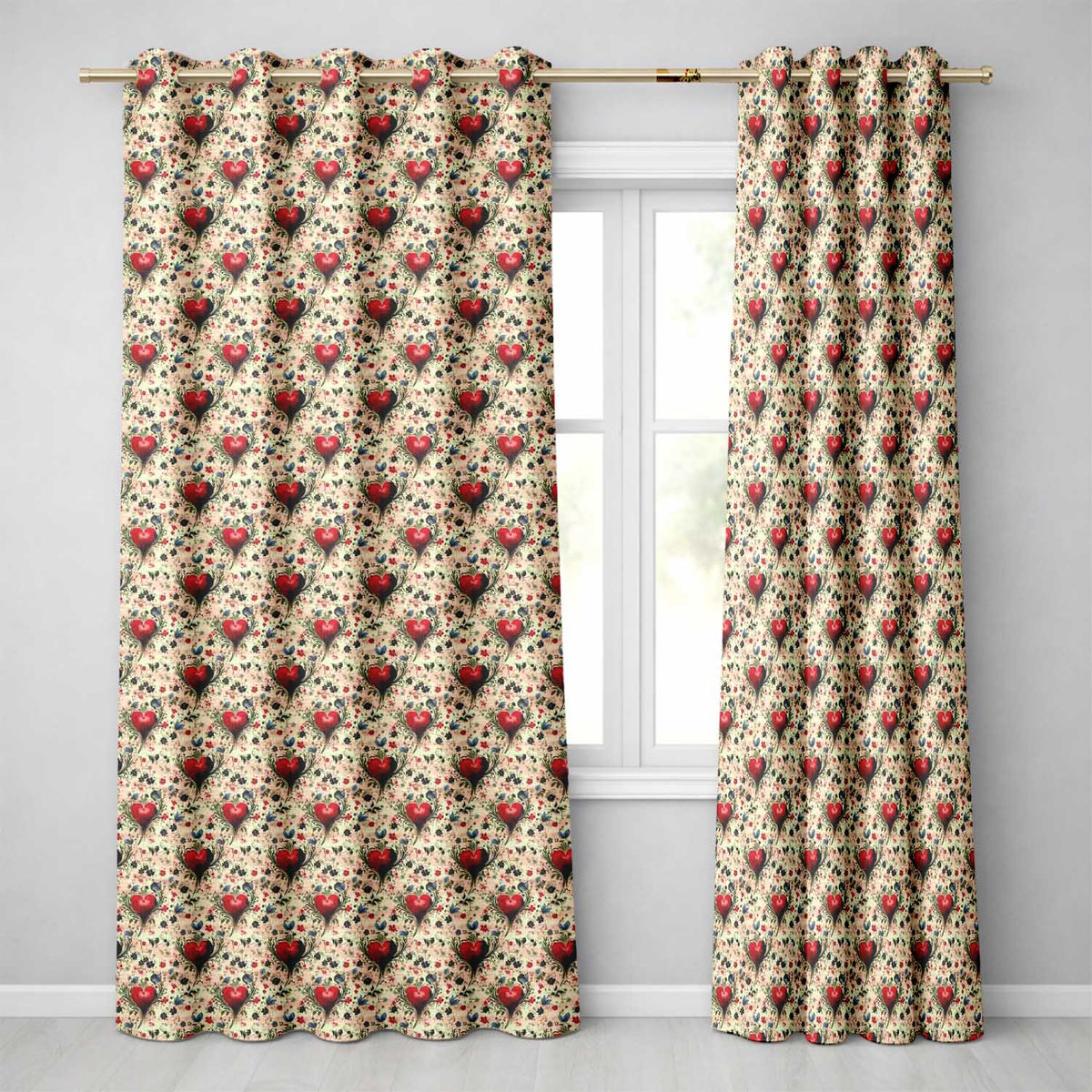 Vintage Red Heart Floral Swirl Ornamental Seamless Pattern Readymade Eyelet Ring Top Thermal 100% Blackout Curtains
