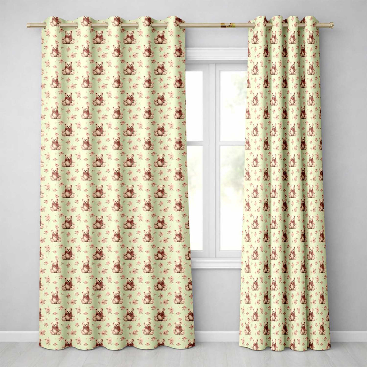 Adorable Teddy Bear with Rose Floral Seamless Pattern Readymade Eyelet Ring Top Thermal 100% Blackout Curtains