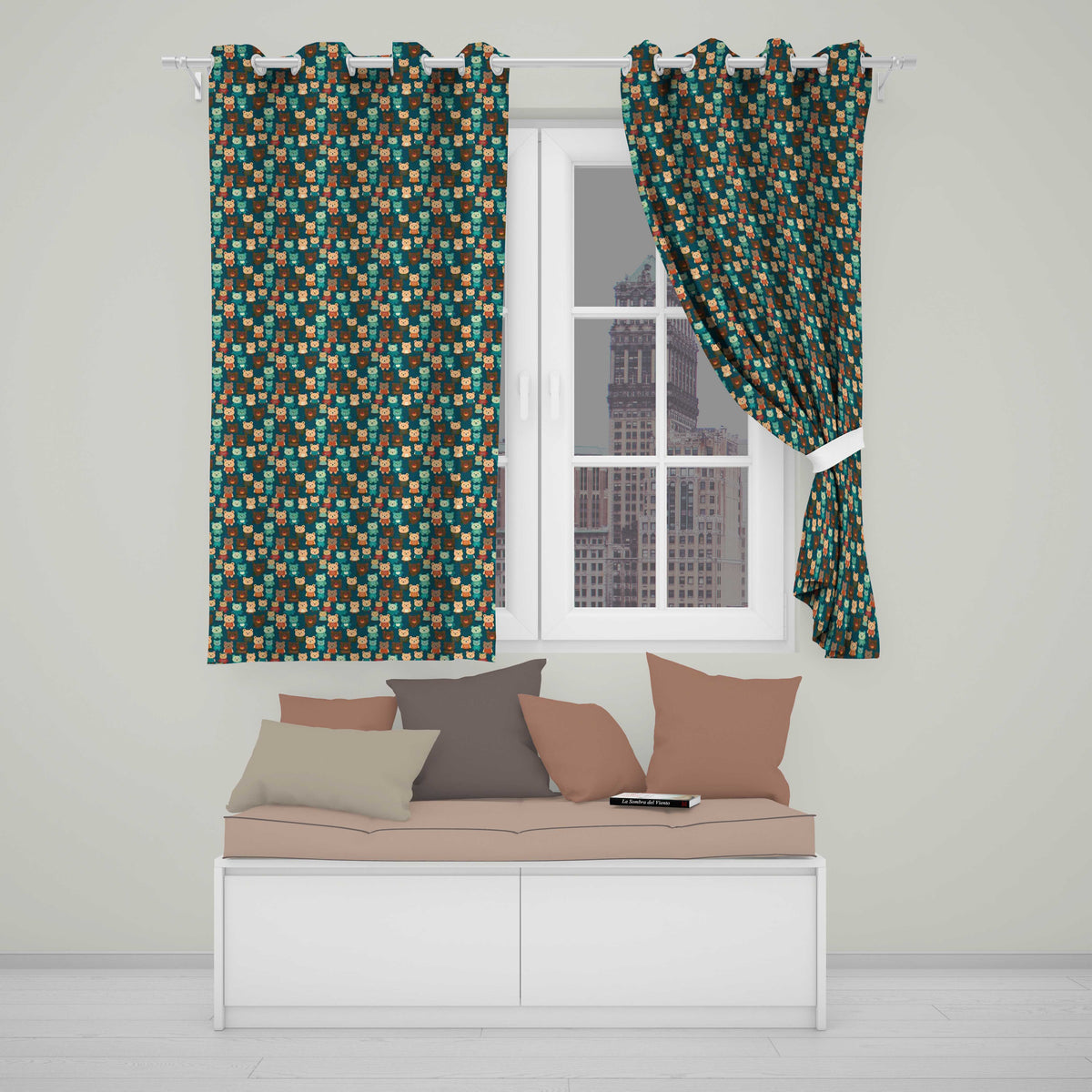 Cute Cartoon Multicolor Teddy Bears on Dark Background Seamless Pattern Readymade Eyelet Ring Top Thermal 100% Blackout Curtains