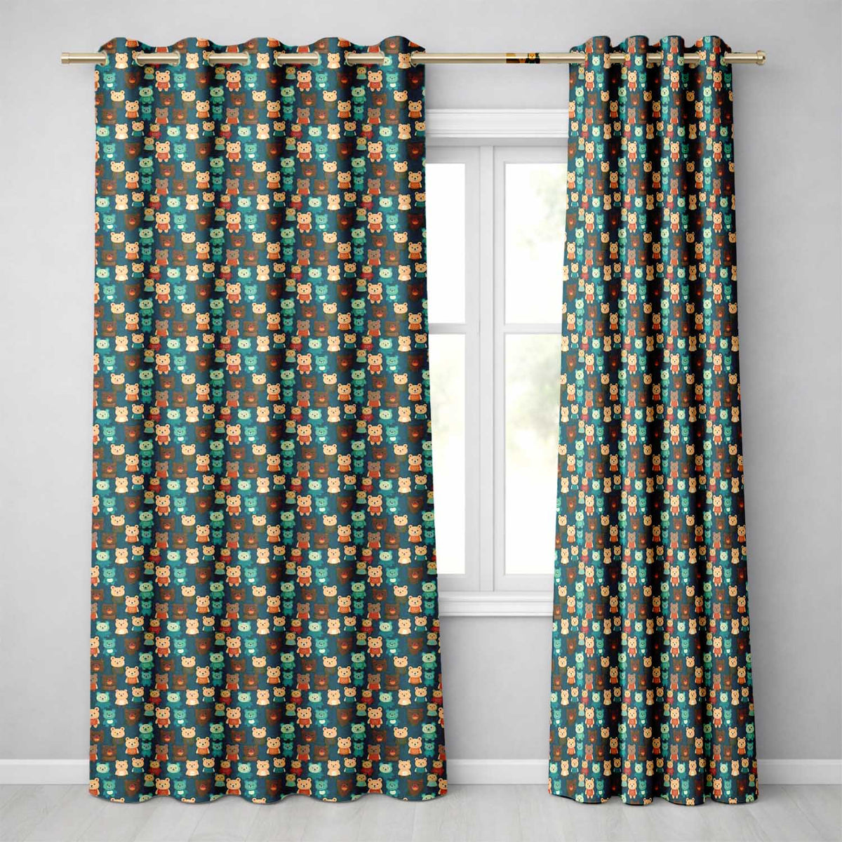 Cute Cartoon Multicolor Teddy Bears on Dark Background Seamless Pattern Readymade Eyelet Ring Top Thermal 100% Blackout Curtains