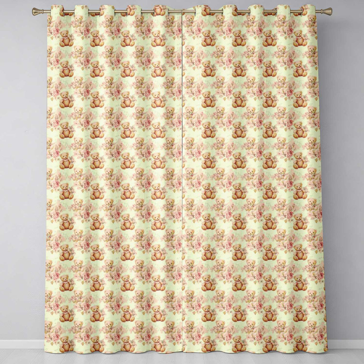 Vintage Teddy Bears with Soft Rose Floral Background Seamless Pattern Readymade Eyelet Ring Top Thermal 100% Blackout Curtains