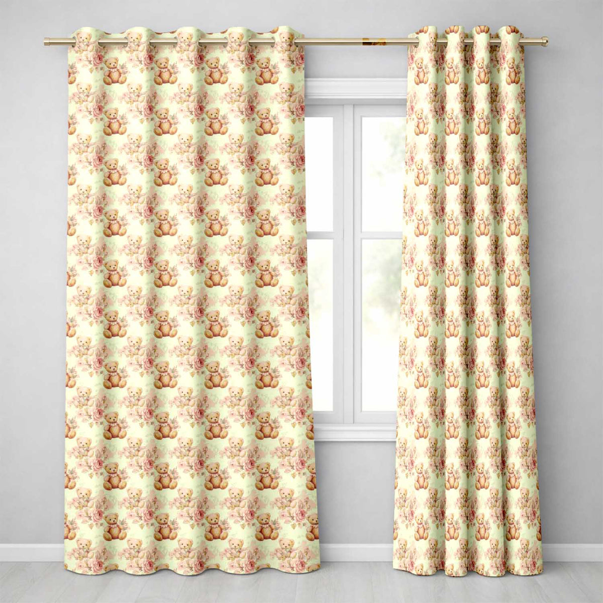 Vintage Teddy Bears with Soft Rose Floral Background Seamless Pattern Readymade Eyelet Ring Top Thermal 100% Blackout Curtains