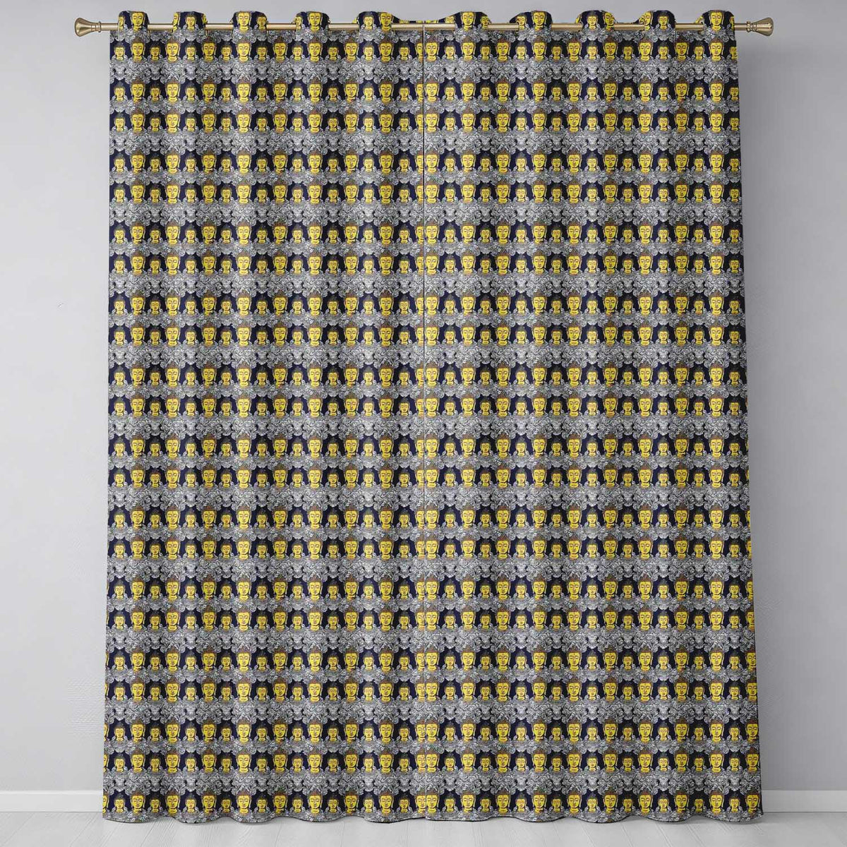 Ornate Buddha Faces with Detailed Pattern Seamless Design Readymade Eyelet Ring Top Thermal 100% Blackout Curtains
