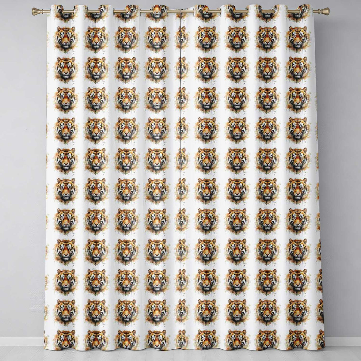 Watercolor Tiger Face Artistic Seamless Pattern Readymade Eyelet Ring Top Thermal 100% Blackout Curtains