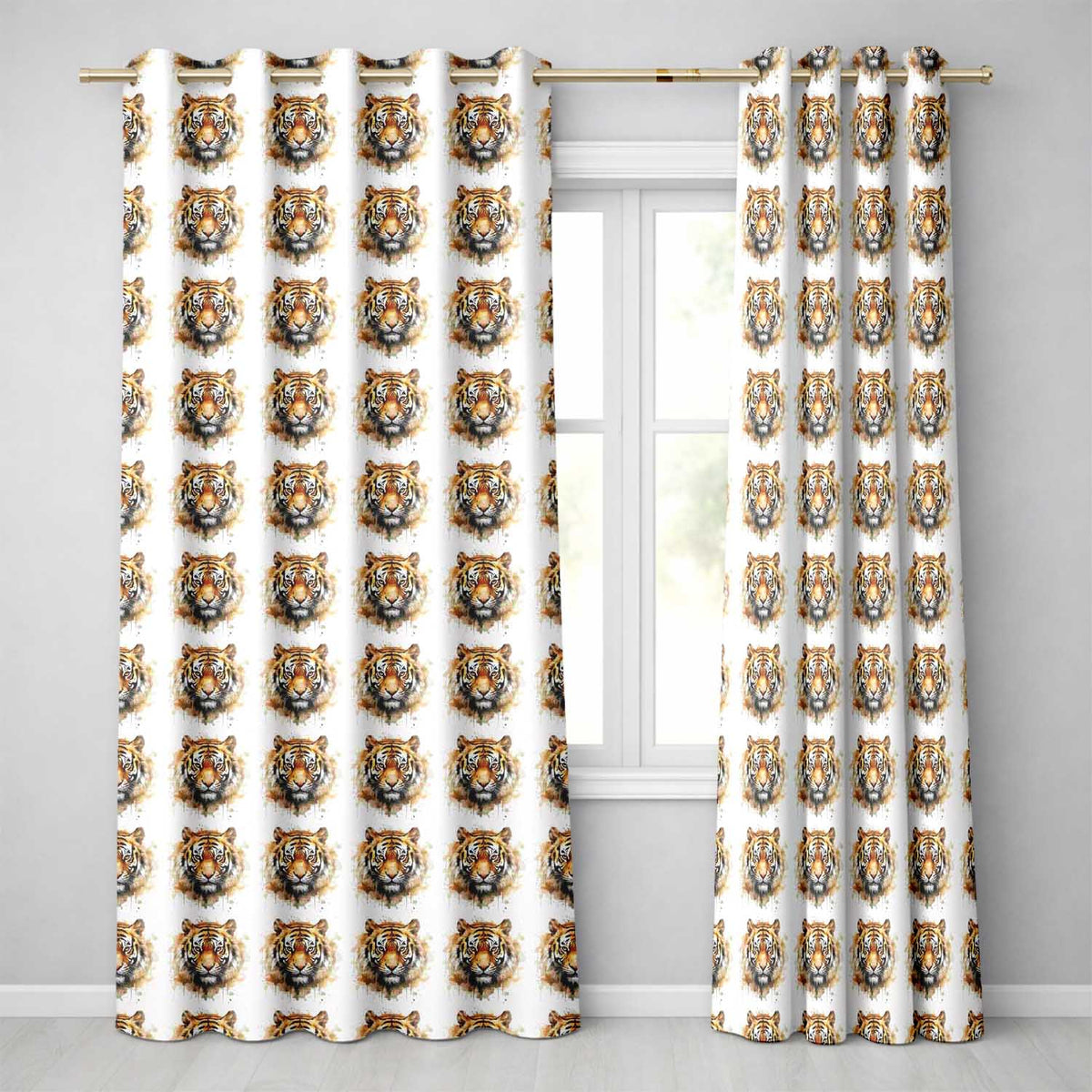 Watercolor Tiger Face Artistic Seamless Pattern Readymade Eyelet Ring Top Thermal 100% Blackout Curtains