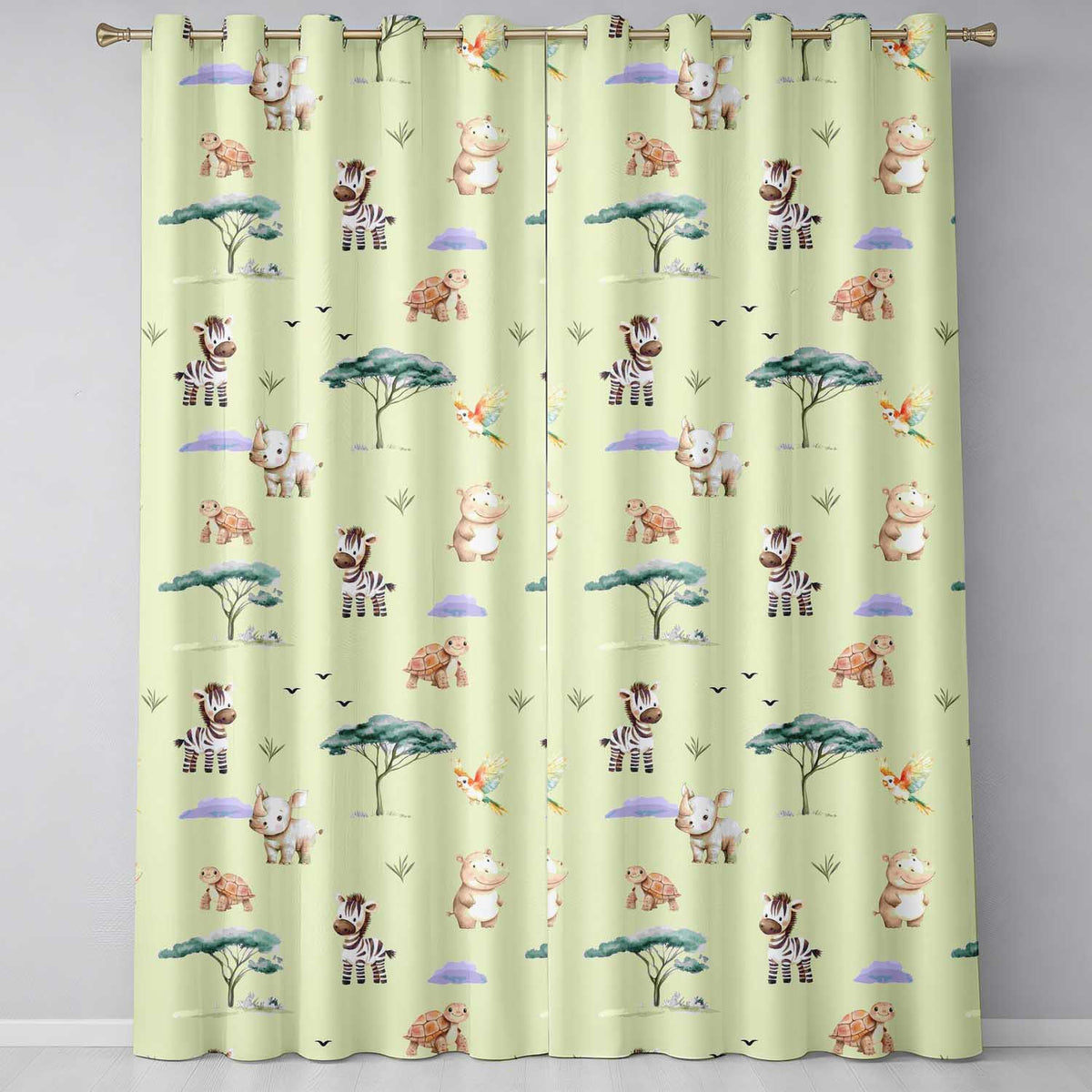 Cute Safari Animals Zebra Rhino Turtle Teal Seamless Pattern Readymade Eyelet Ring Top Thermal 100% Blackout Curtains