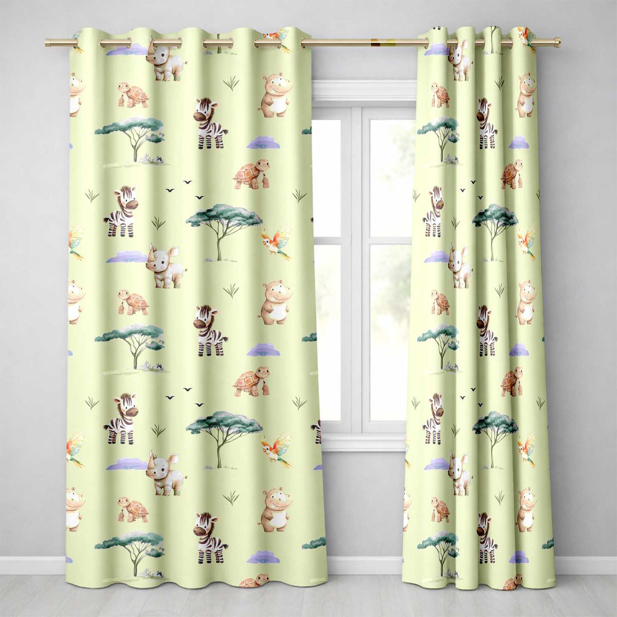 Cute Safari Animals Zebra Rhino Turtle Teal Seamless Pattern Readymade Eyelet Ring Top Thermal 100% Blackout Curtains