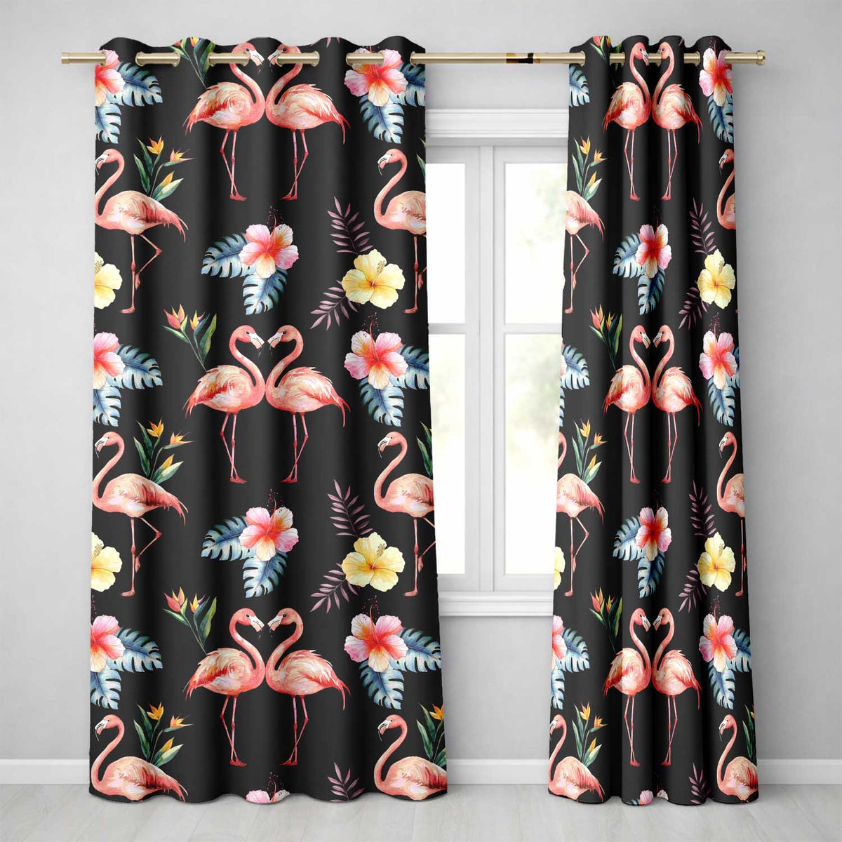 Elegant Pink Flamingos Tropical Flowers on Black Background Seamless Pattern Readymade Eyelet Ring Top Thermal 100% Blackout Curtains