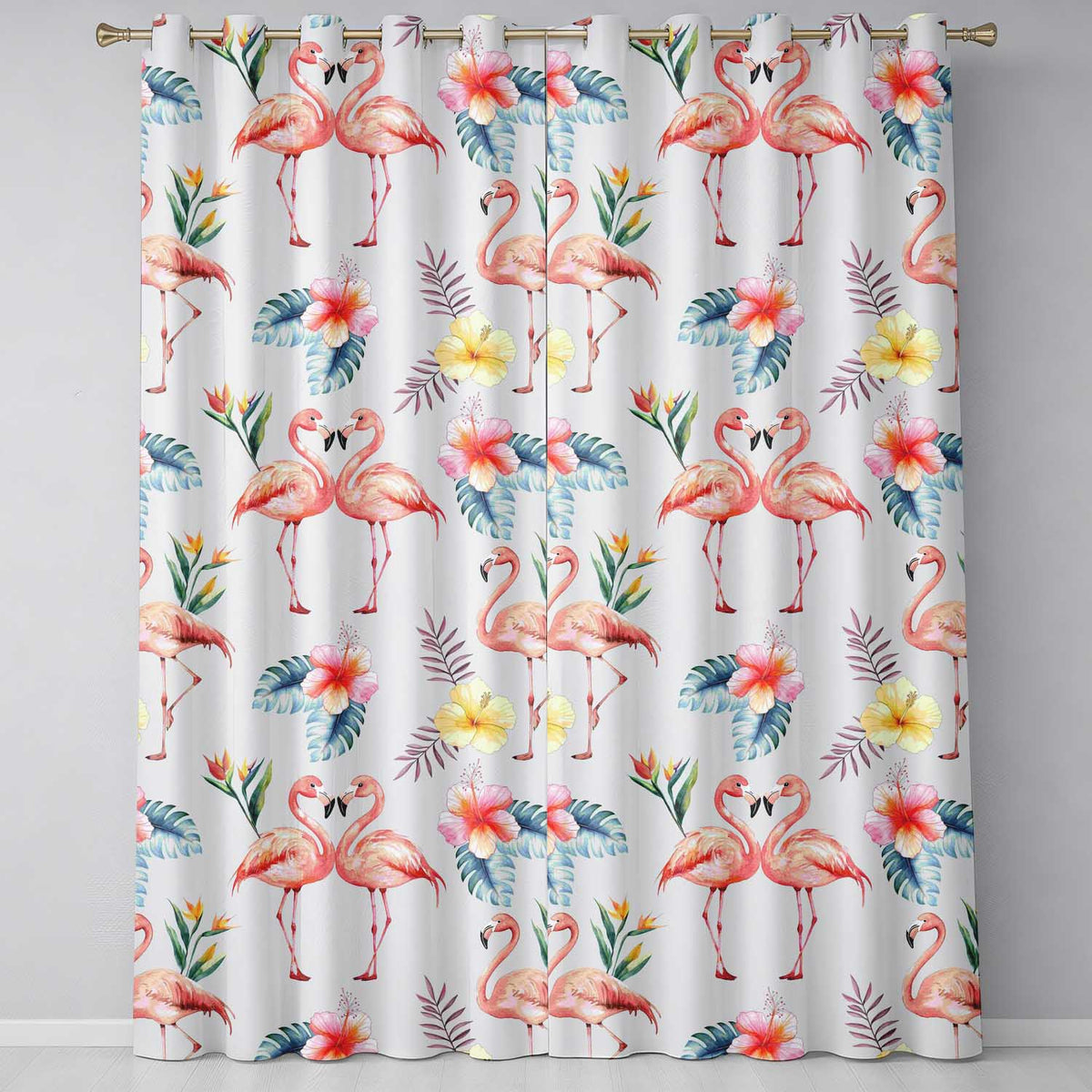 Elegant Pink Flamingos Tropical Flowers on L Grey Background Seamless Pattern Readymade Eyelet Ring Top Thermal 100% Blackout Curtains