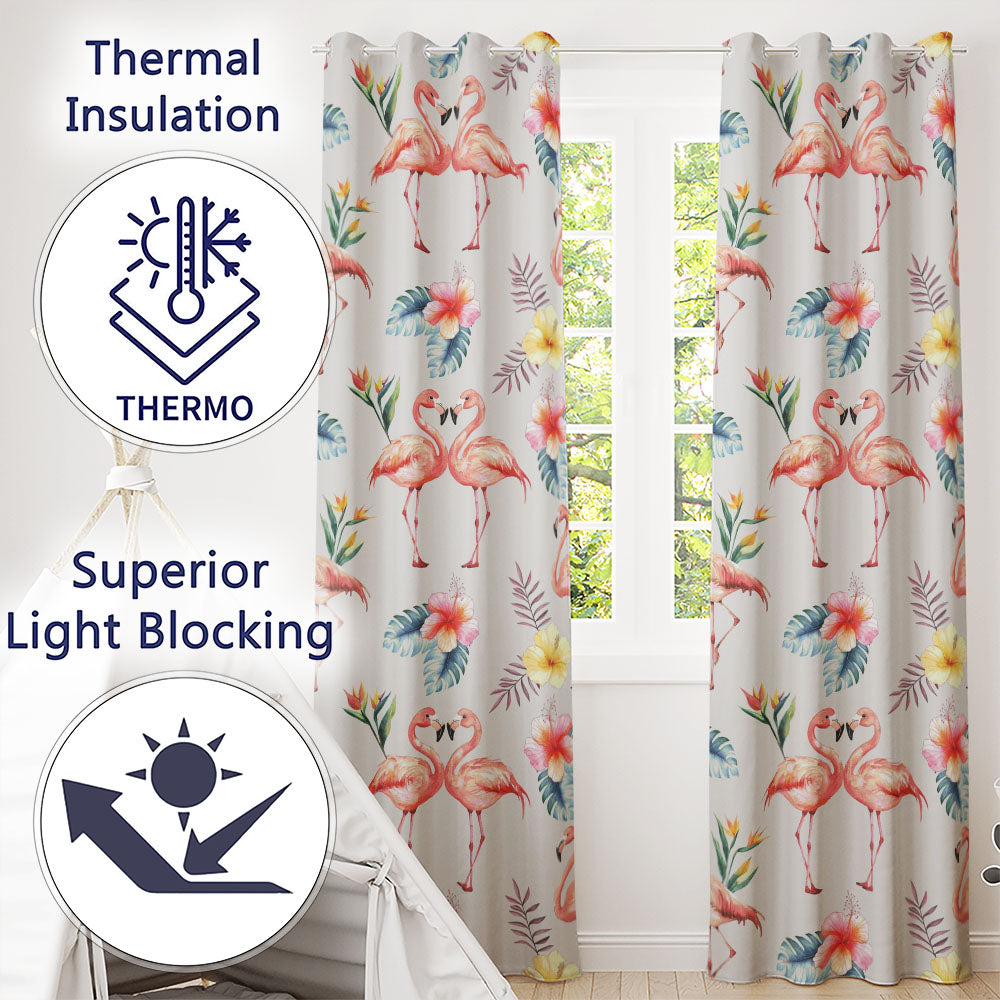 Elegant Pink Flamingos Tropical Flowers on L Grey Background Seamless Pattern Readymade Eyelet Ring Top Thermal 100% Blackout Curtains