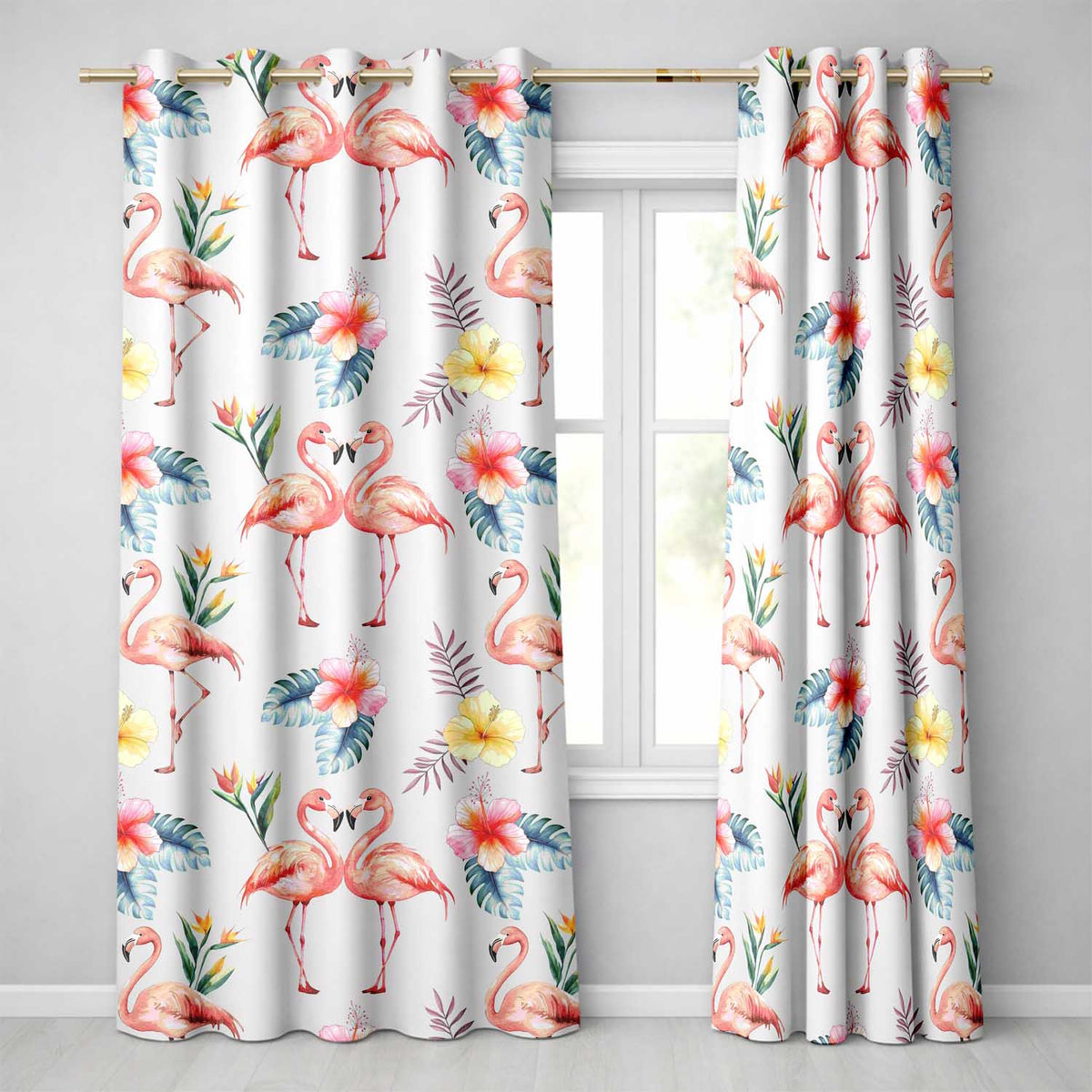 Elegant Pink Flamingos Tropical Flowers on L Grey Background Seamless Pattern Readymade Eyelet Ring Top Thermal 100% Blackout Curtains