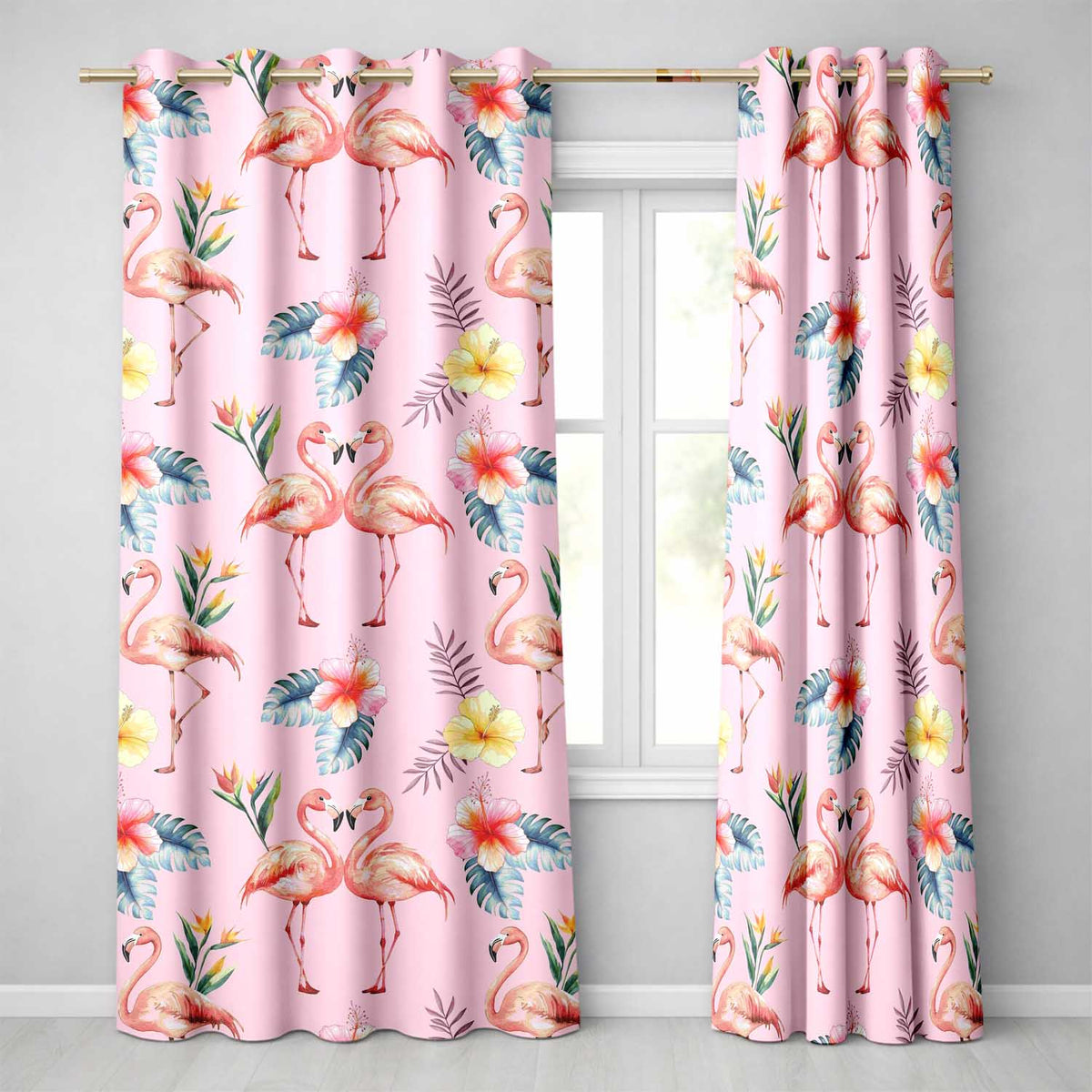 Elegant Pink Flamingos Tropical Flowers on Pink Background Seamless Pattern Readymade Eyelet Ring Top Thermal 100% Blackout Curtains