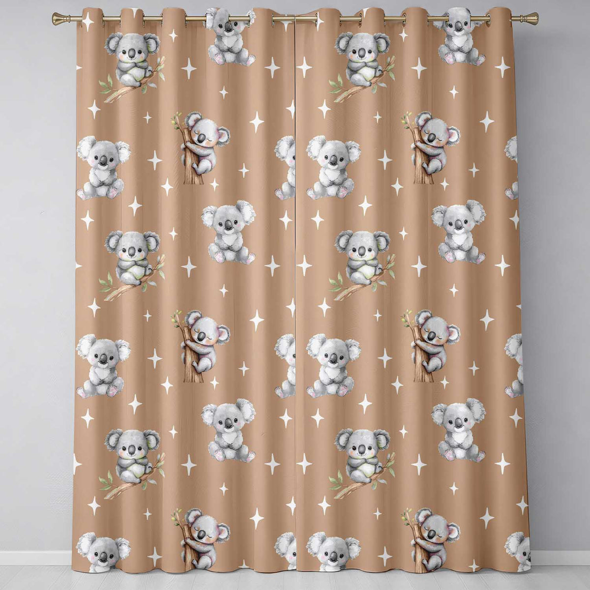 Cute Baby Koala Bears with Stars on Warm Brown Background Seamless Pattern Readymade Eyelet Ring Top Thermal 100% Blackout Curtains