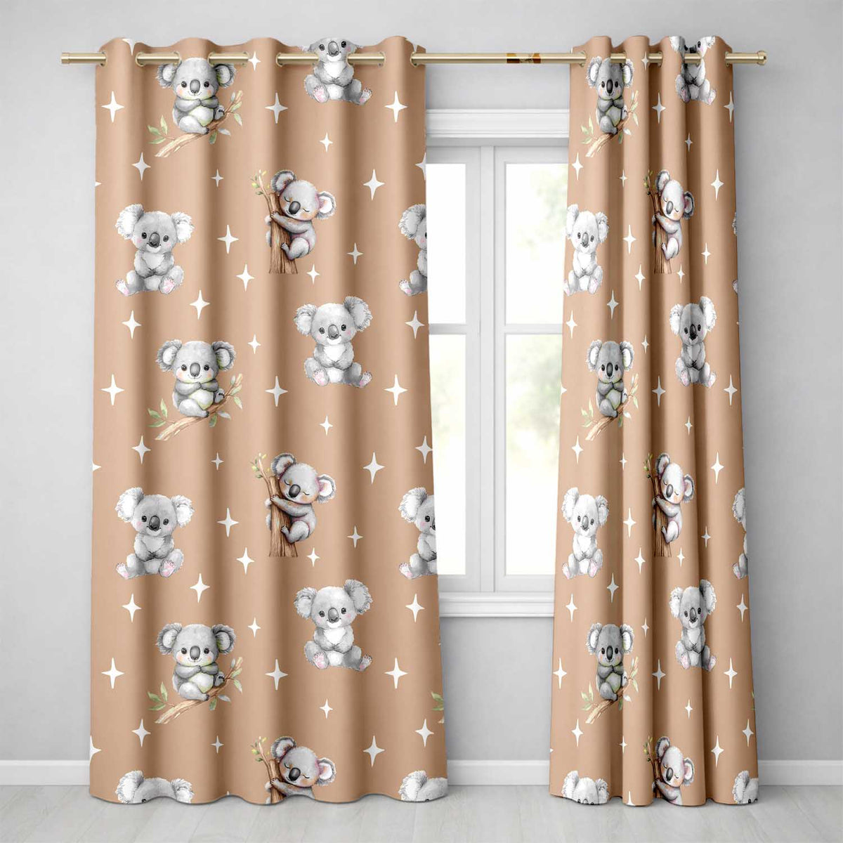 Cute Baby Koala Bears with Stars on Warm Brown Background Seamless Pattern Readymade Eyelet Ring Top Thermal 100% Blackout Curtains