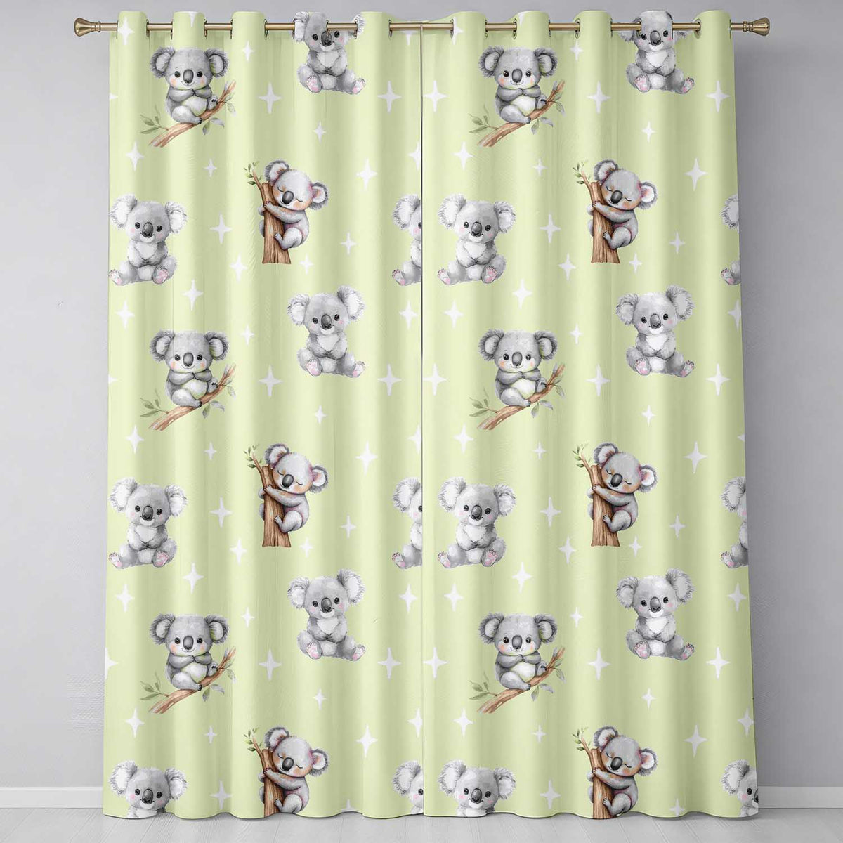 Cute Baby Koala Bears with Stars on Sage Green Background Seamless Pattern Readymade Eyelet Ring Top Thermal 100% Blackout Curtains