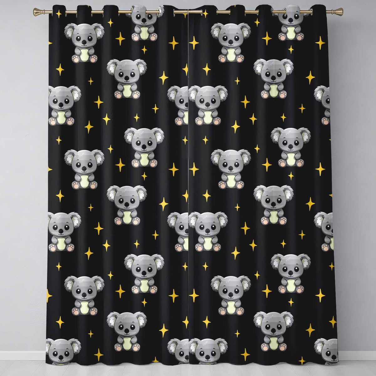 Cute Cartoon Koala Bears with Yellow Stars on Black Background Seamless Pattern Readymade Eyelet Ring Top Thermal 100% Blackout Curtains