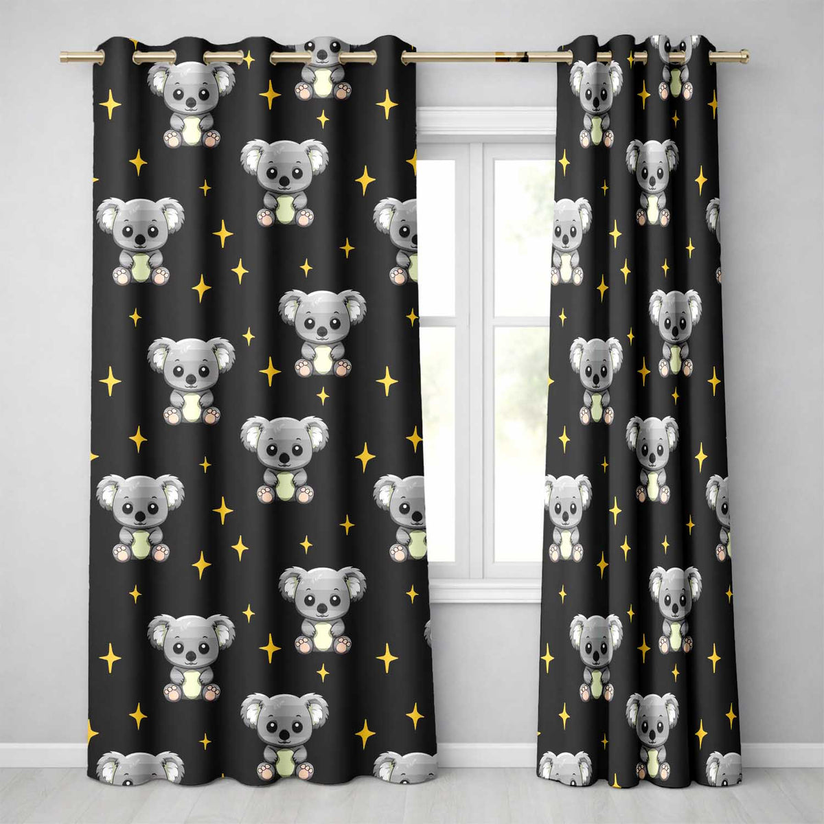 Cute Cartoon Koala Bears with Yellow Stars on Black Background Seamless Pattern Readymade Eyelet Ring Top Thermal 100% Blackout Curtains