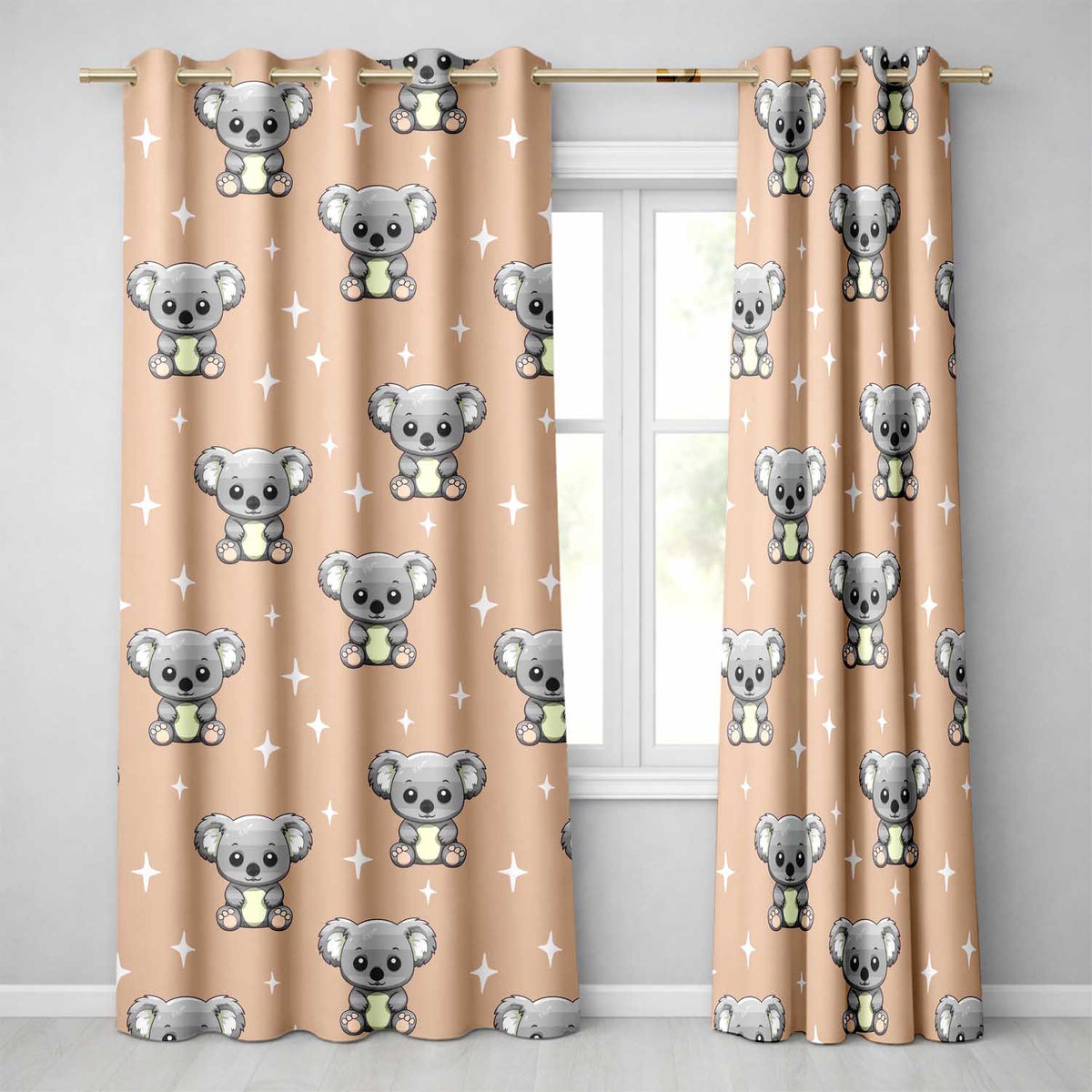 Cute Cartoon Koala Bears with White Stars on Peach Background Seamless Pattern Readymade Eyelet Ring Top Thermal 100% Blackout Curtains