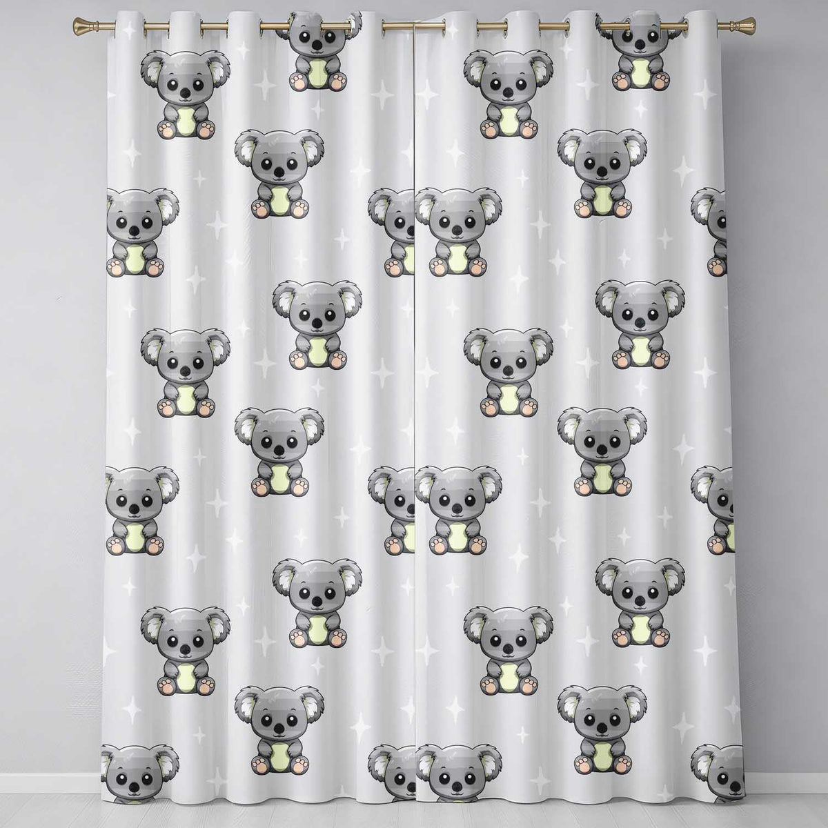Cute Cartoon Koala Bears with White Stars on Light Beige Background Readymade Eyelet Ring Top Thermal 100% Blackout Curtains