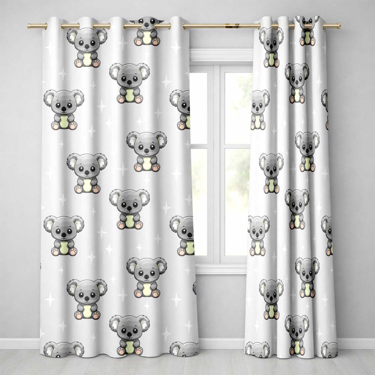 Cute Cartoon Koala Bears with White Stars on Light Beige Background Readymade Eyelet Ring Top Thermal 100% Blackout Curtains