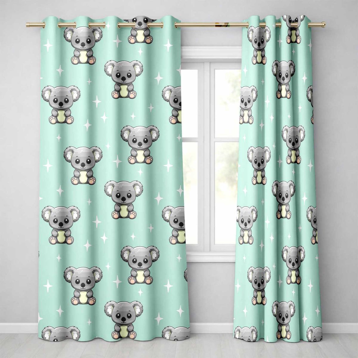 Cute Cartoon Koala Bears with White Stars on Mint Green Background Readymade Eyelet Ring Top Thermal 100% Blackout Curtains