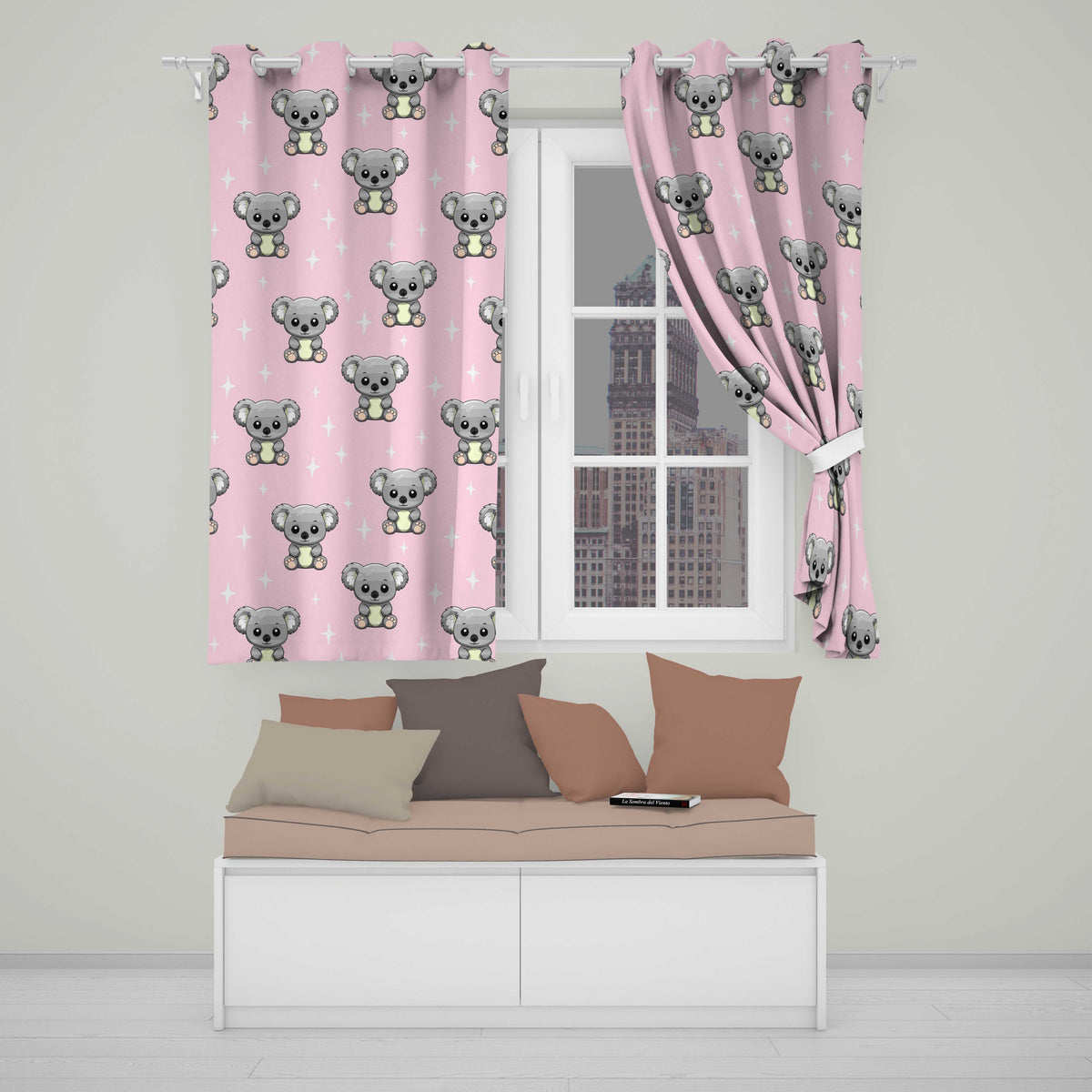 Cute Cartoon Koala Bears with White Stars on Soft Pink Background Readymade Eyelet Ring Top Thermal 100% Blackout Curtains